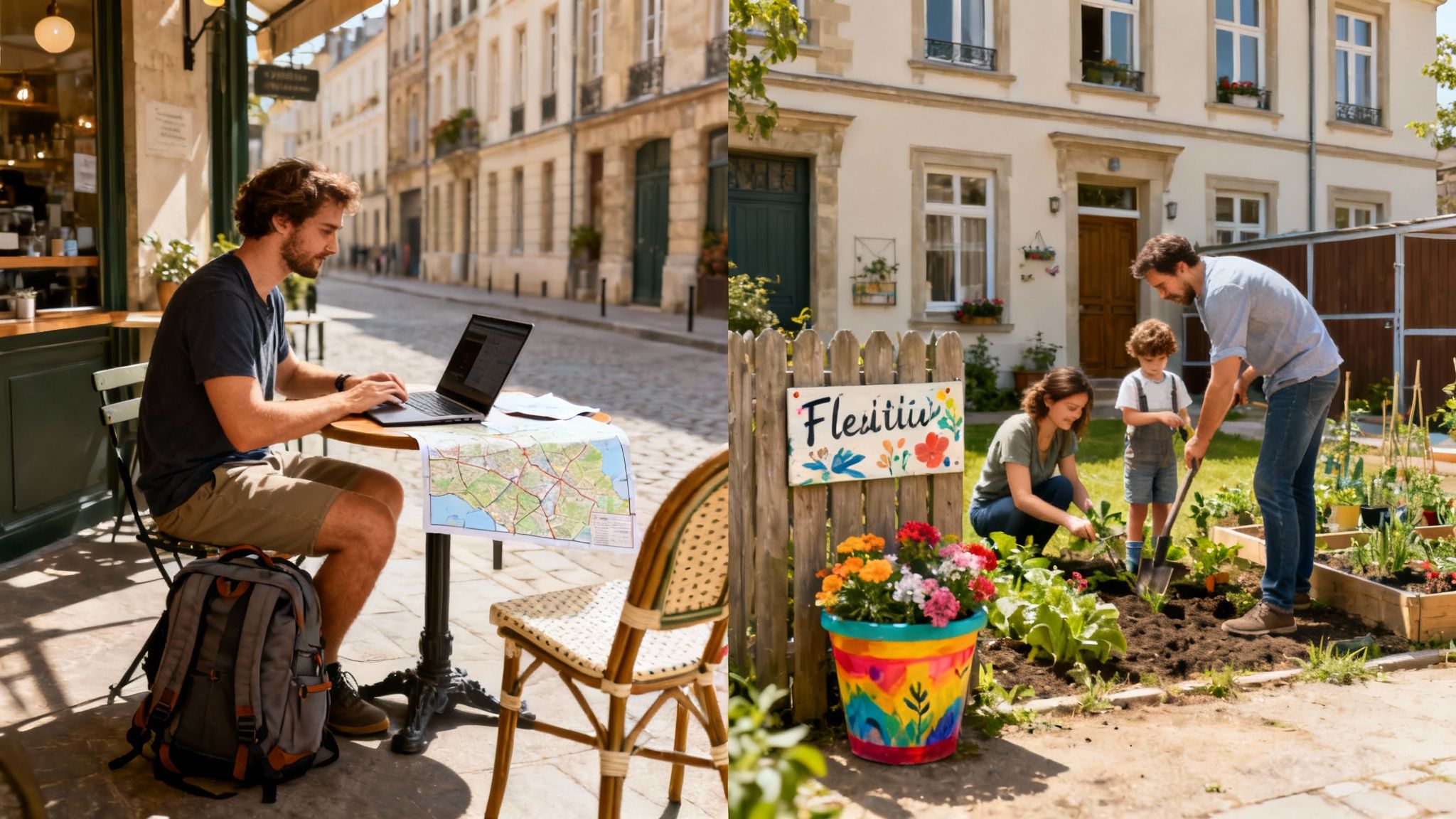 A split image showing a man working at a city cafe and a family gardening at their home.