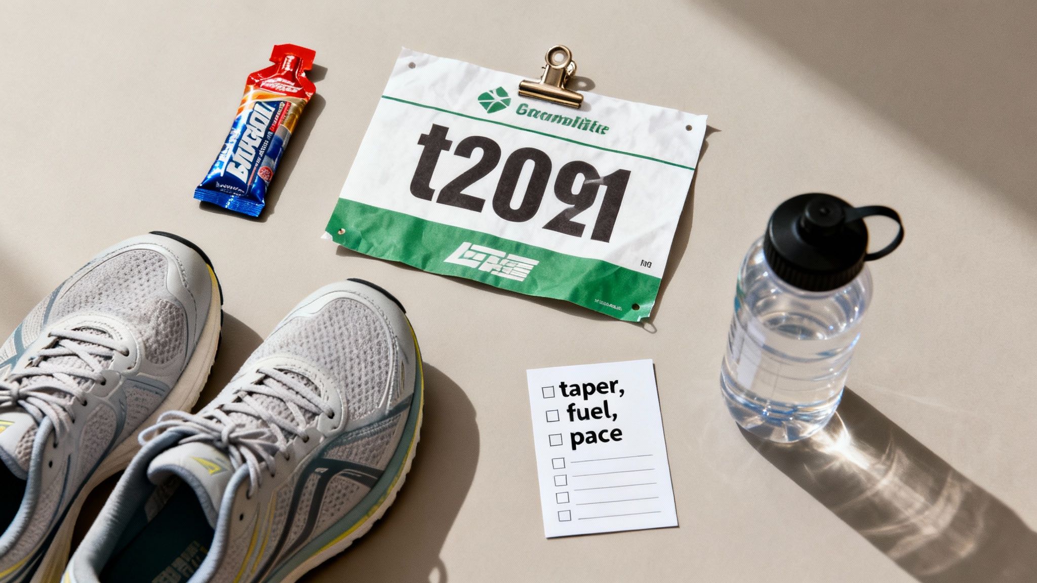Flat lay of running essentials: grey shoes, energy gel, race bib, water bottle, and a race checklist.