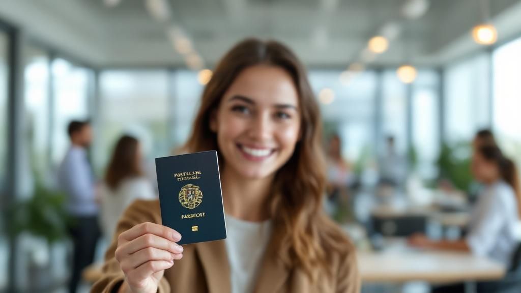 A person holding a golden key, symbolizing the Golden Visa program as a key to a Portuguese citizenship.
