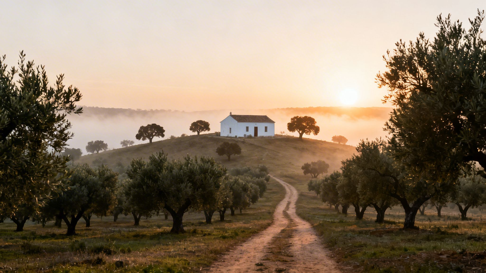 A serene sunrise over an olive grove with a white chapel on a misty hill.