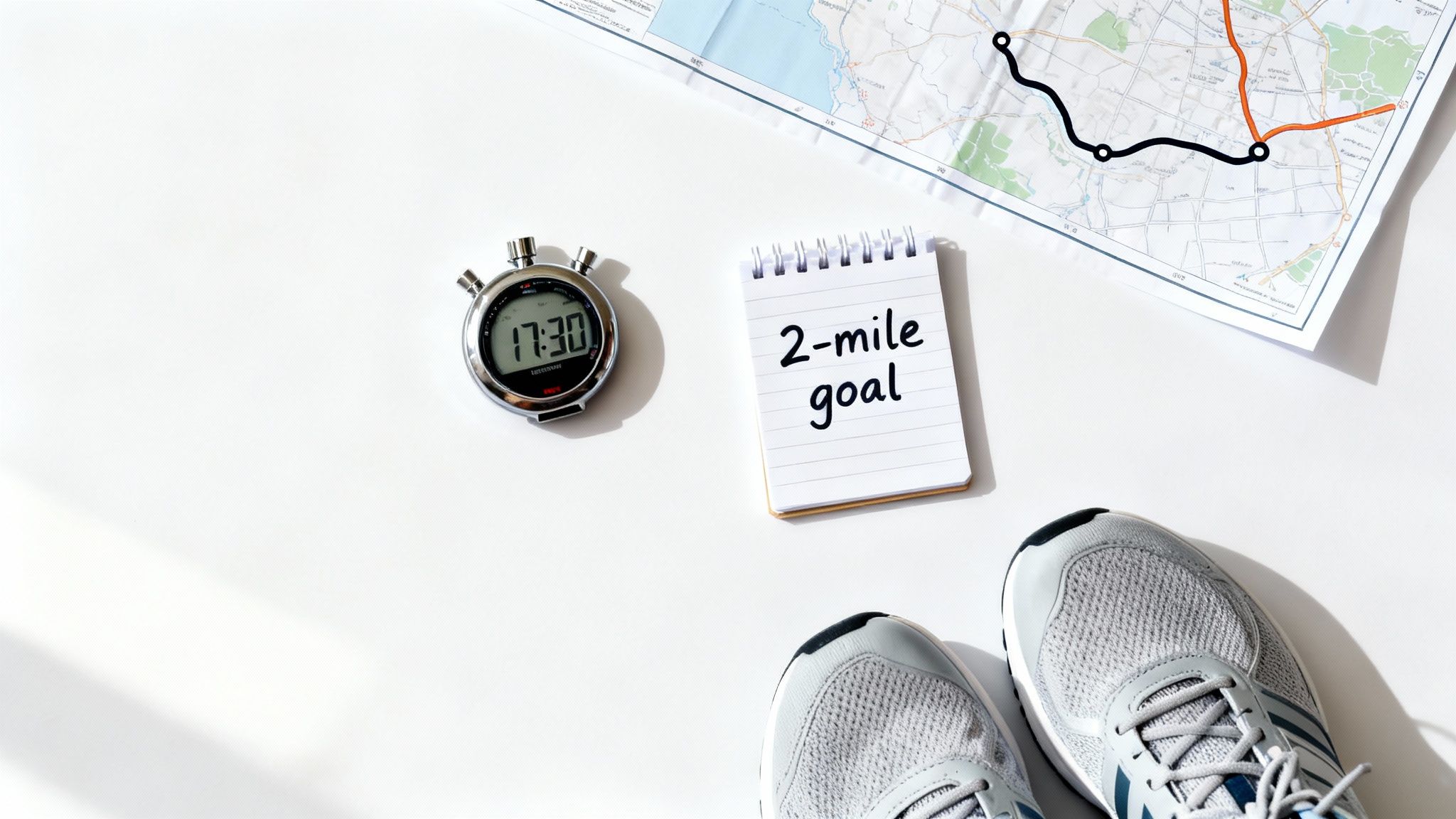 Overhead shot of running essentials: a stopwatch, '2-mile goal' notepad, map with route, and running shoes.