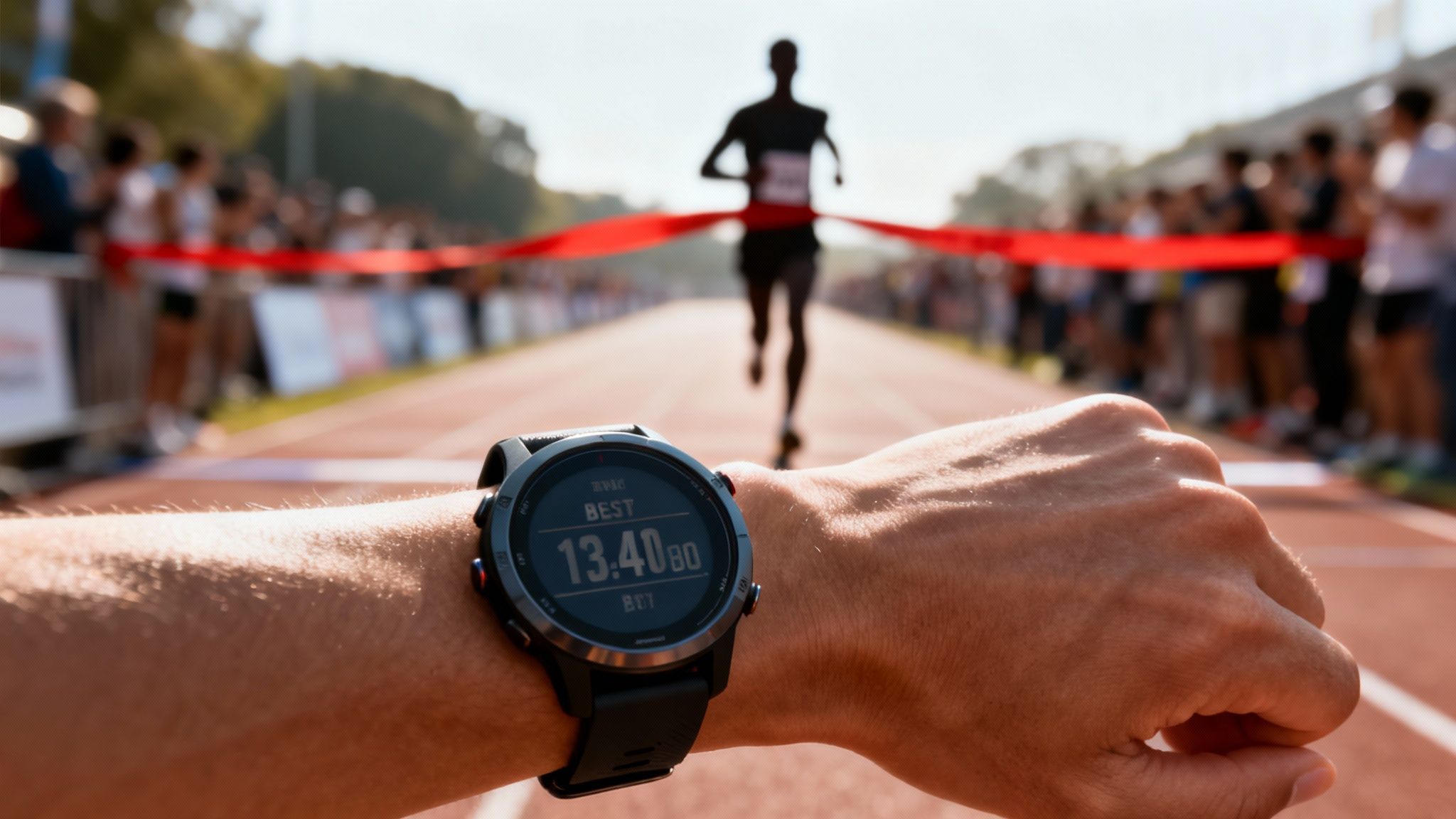 A runner's watch shows a new personal best time of 13:40:80 as another runner crosses the finish line.