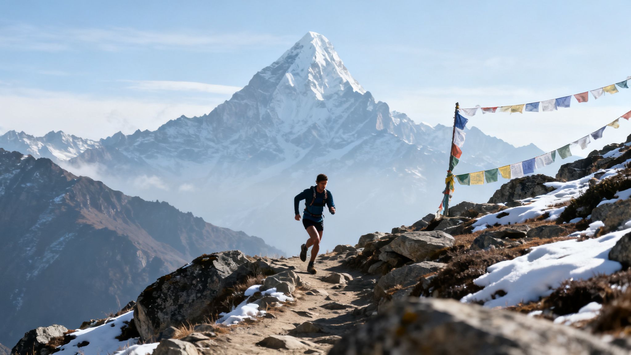 A person trail running up a rocky mountain path with snowy peaks and prayer flags.