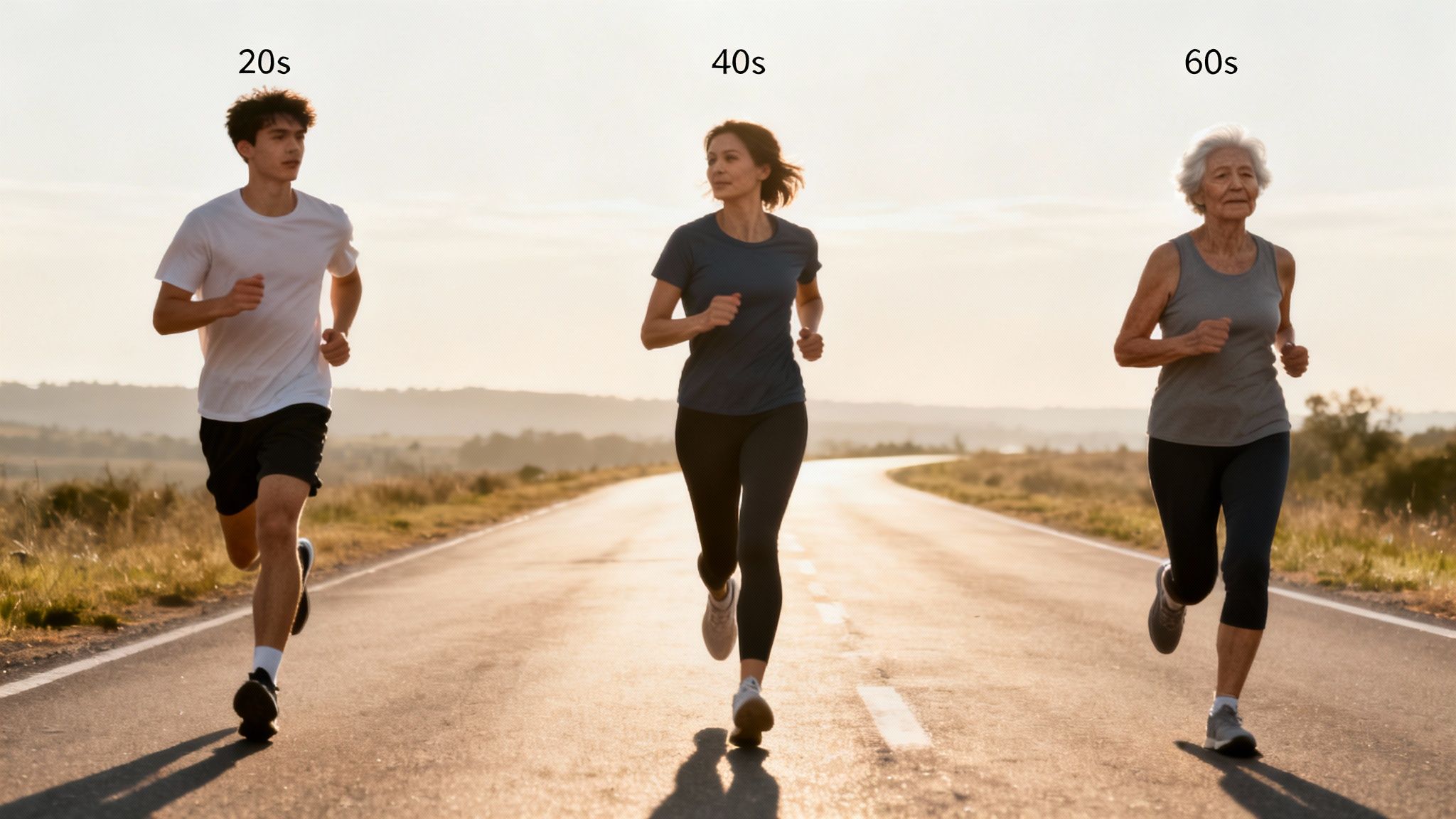 Three people of different ages (20s, 40s, 60s) running on a road, illustrating fitness across generations.