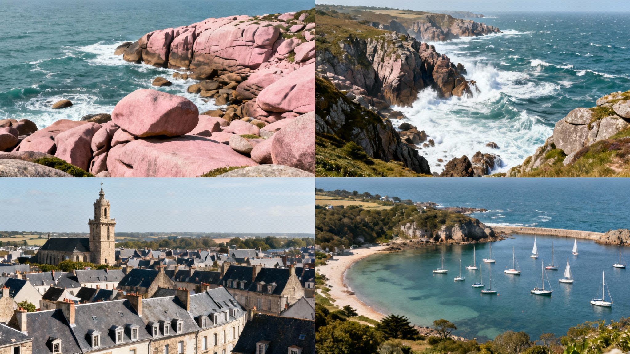 Scenic collage of Brittany, France, showing pink granite coast, rugged cliffs, a town, and sailboats in a bay.