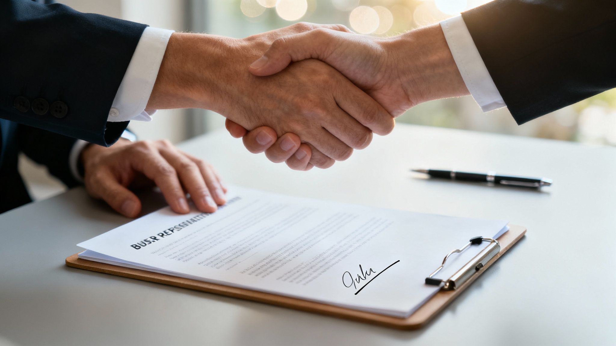 A couple shakes hands with a real estate agent in a modern home, finalizing their partnership.