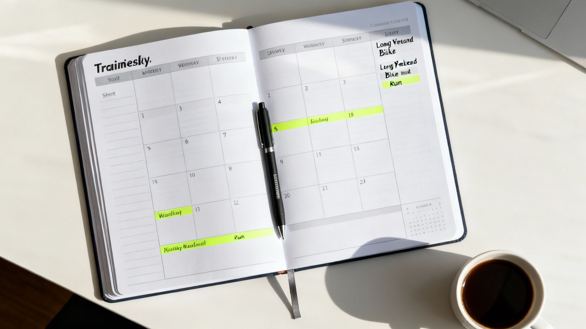 An open training planner with handwritten notes, highlighted dates, a pen, and a coffee cup.