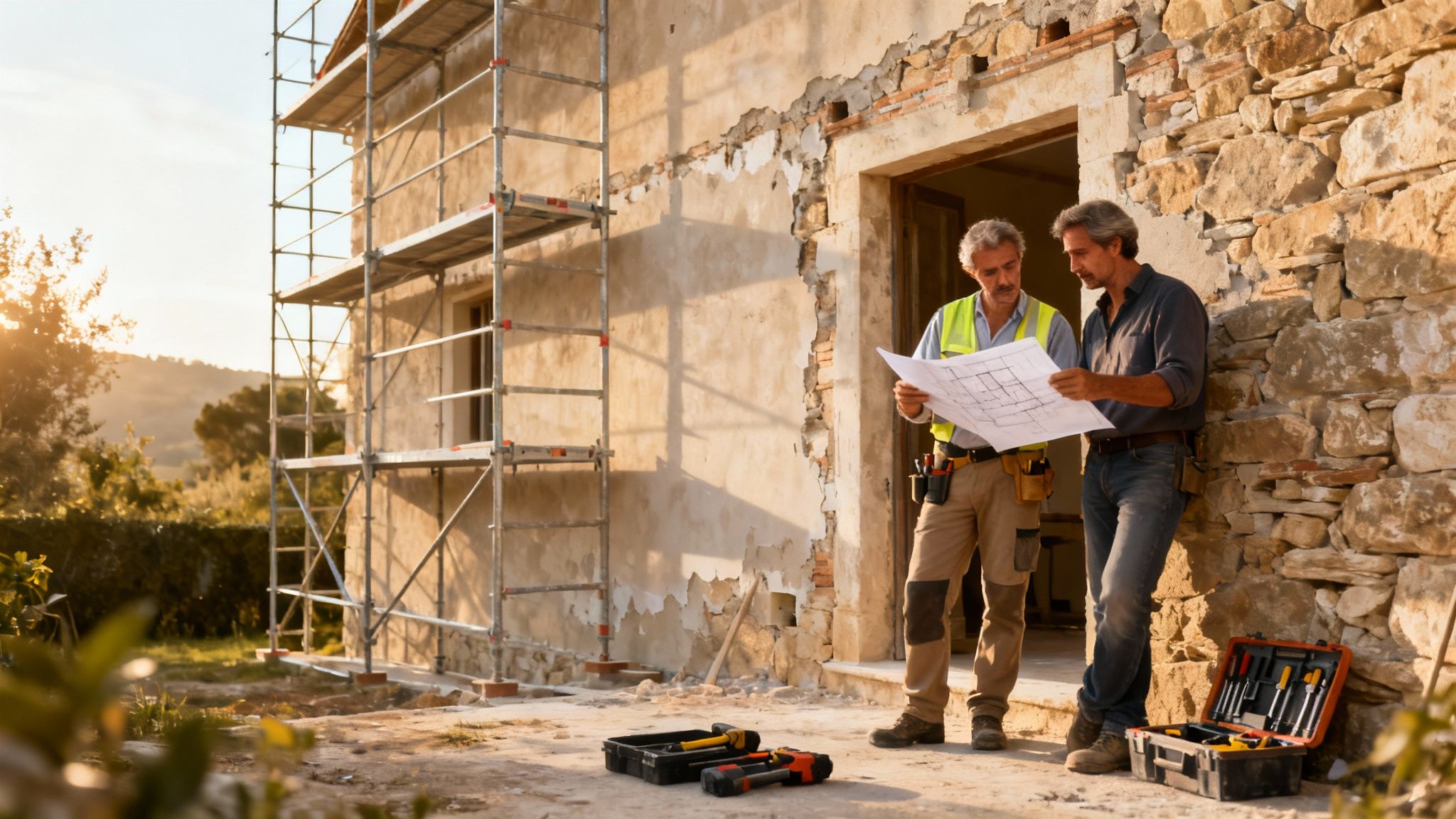 Two men discussing blueprints at a country house renovation site with scaffolding.