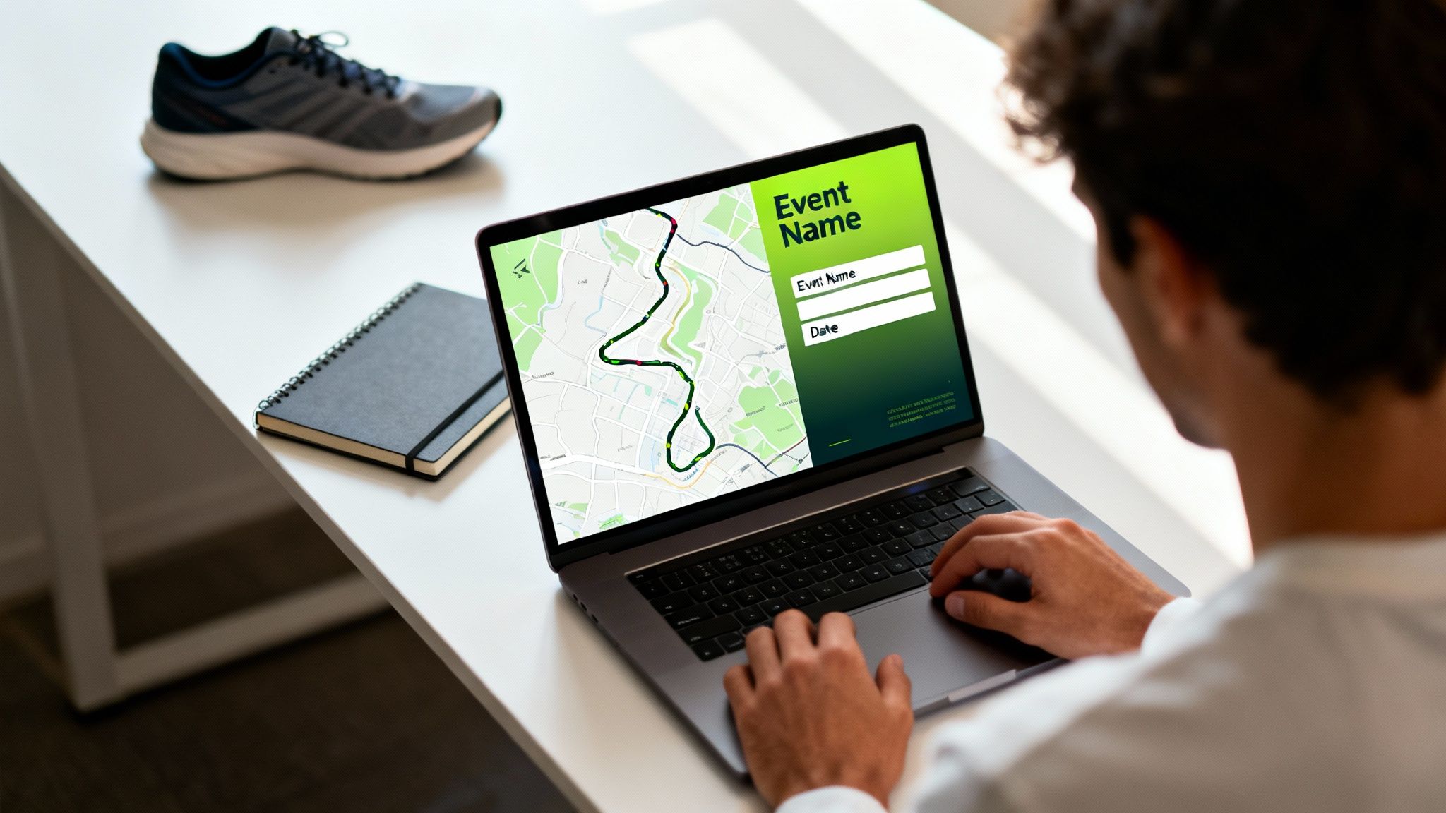 A person uses a laptop displaying a running event map and form, with a running shoe and notebook on the desk.