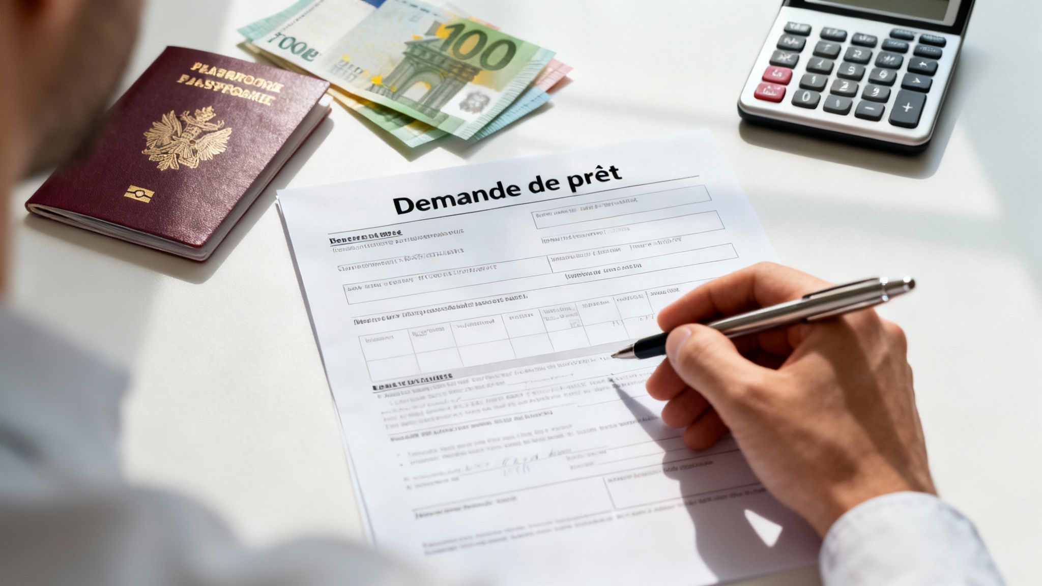 A person signing financial documents on a wooden desk