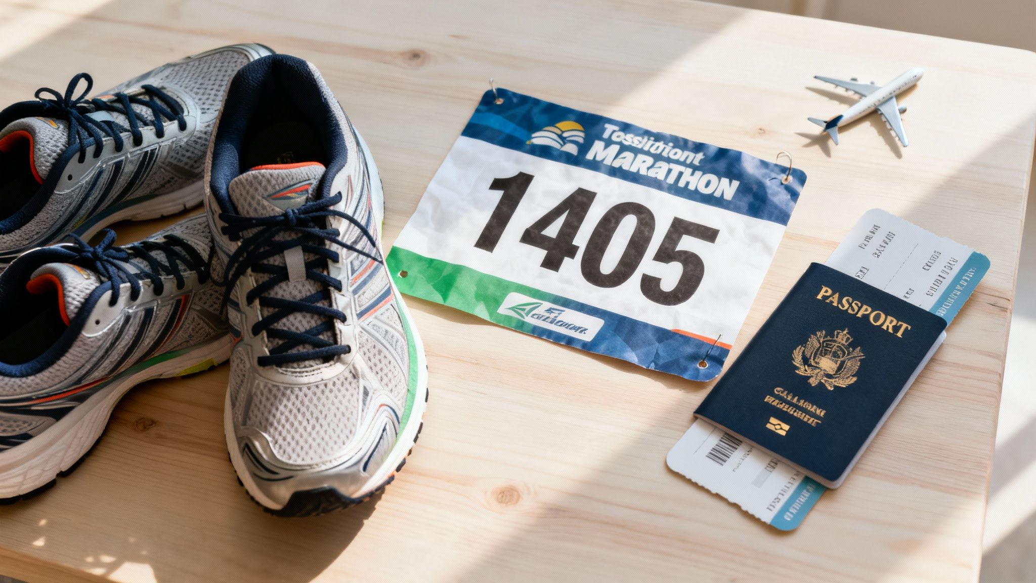 Running shoes, marathon bib, passport, and airplane model on a wooden table, ready for a race.