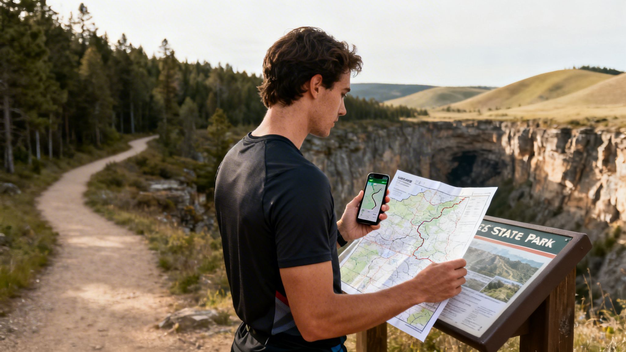 Hiker compares a trail map with a navigation app in a scenic state park.