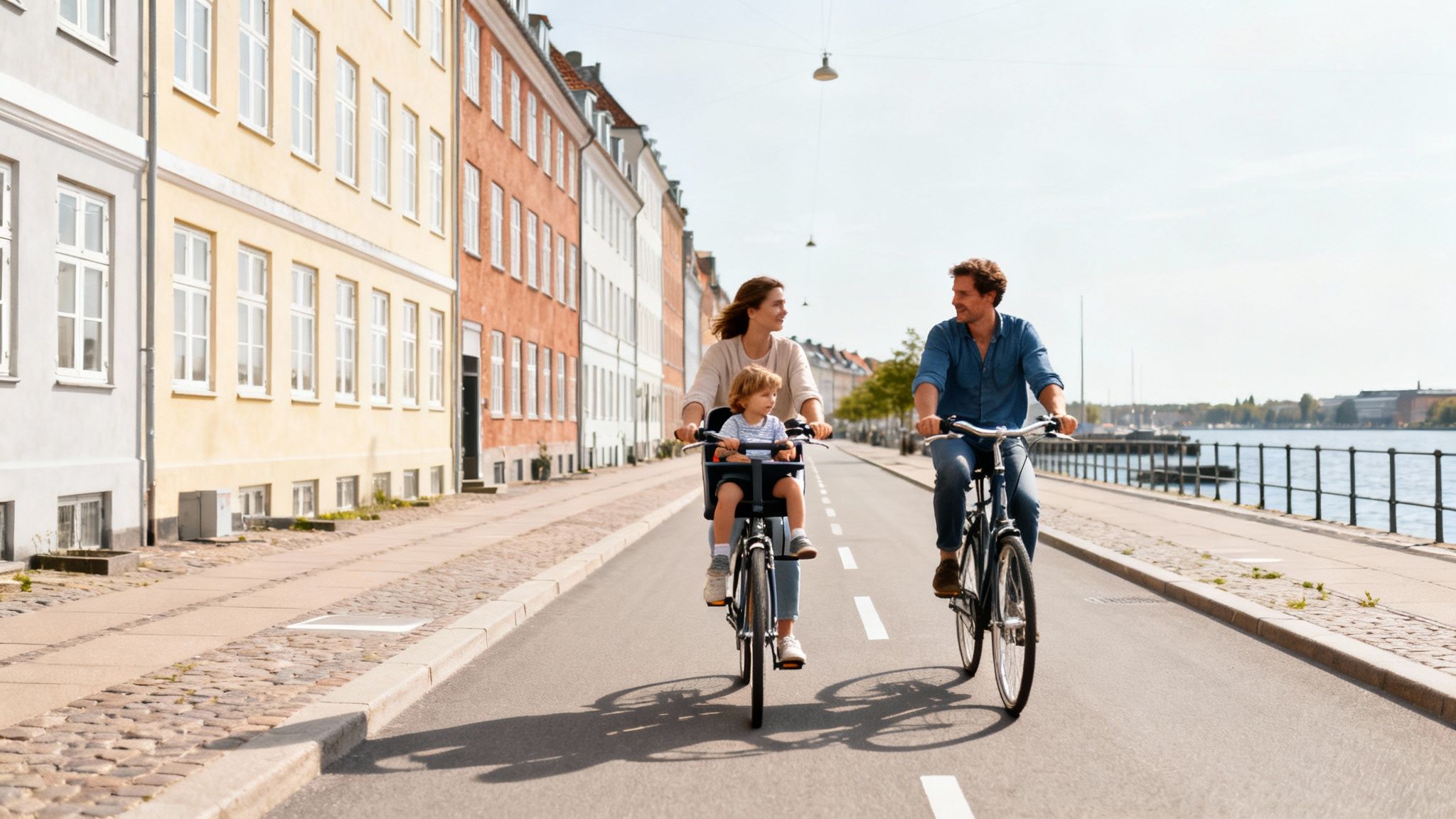 A happy family with a mother, father, and young child cycling on a sunny day in a city.