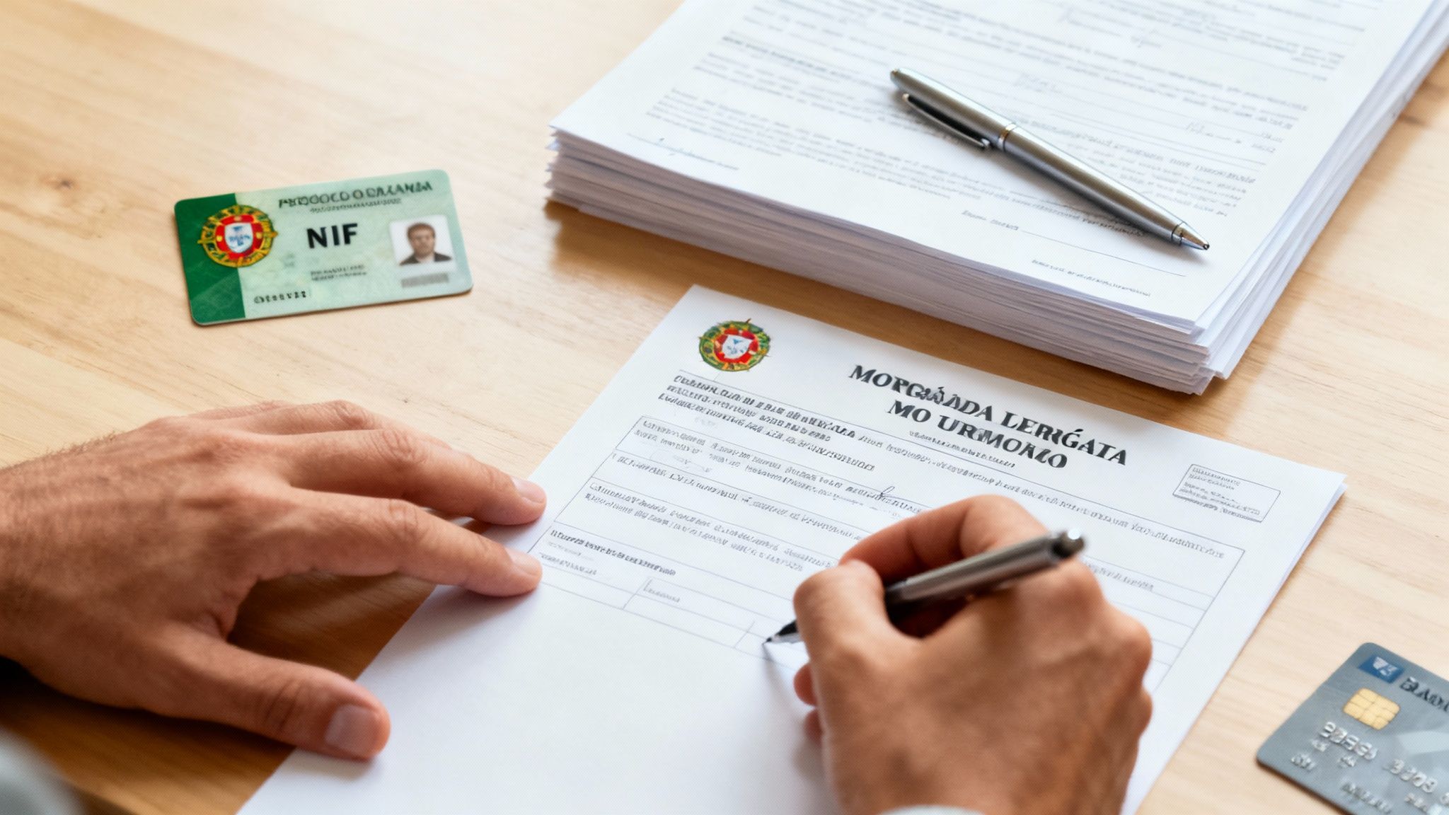 A person signing legal documents for a property purchase with a pen and a calculator nearby.