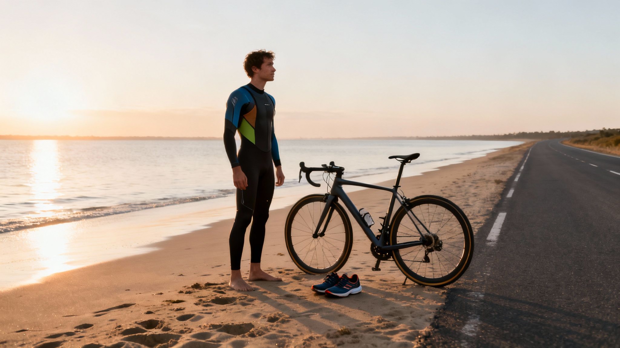 A triathlete in a wetsuit stands on a beach with a bicycle and running shoes at sunrise.