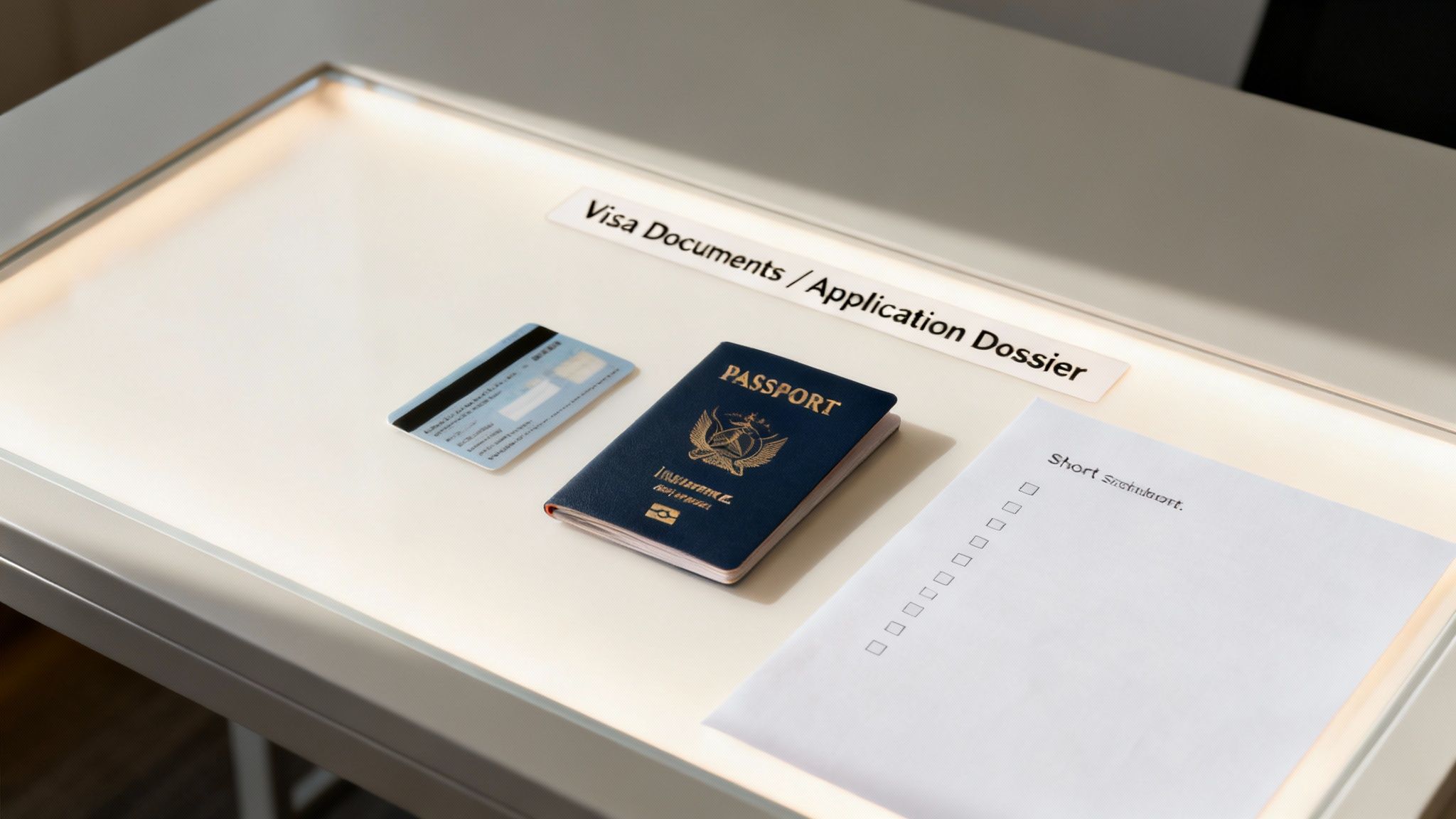 A passport, credit card, and application checklist displayed under a 'Visa Documents' sign.