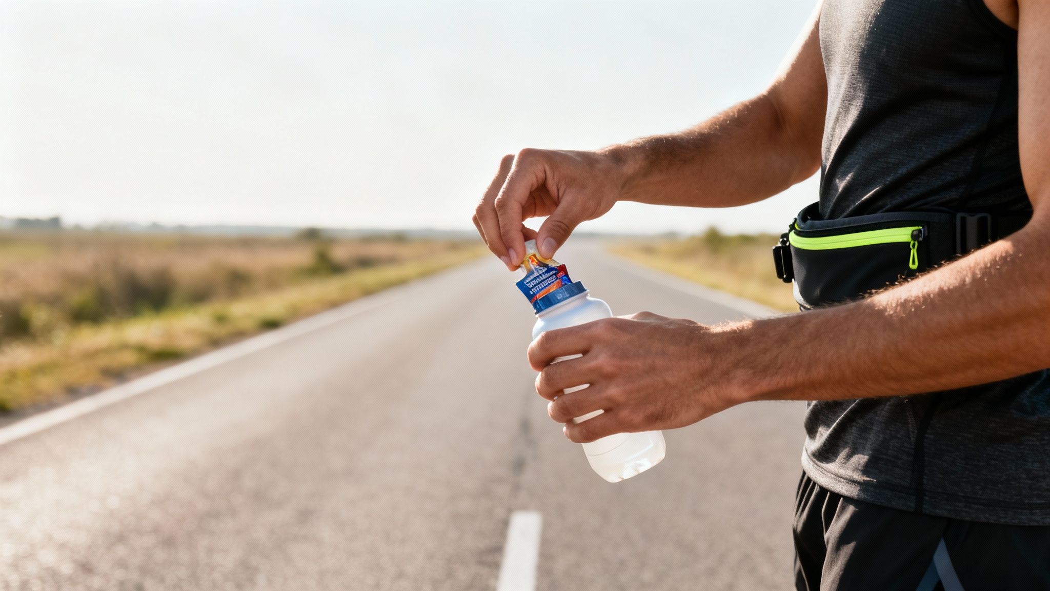 A runner adds an energy supplement to a water bottle on an open road.