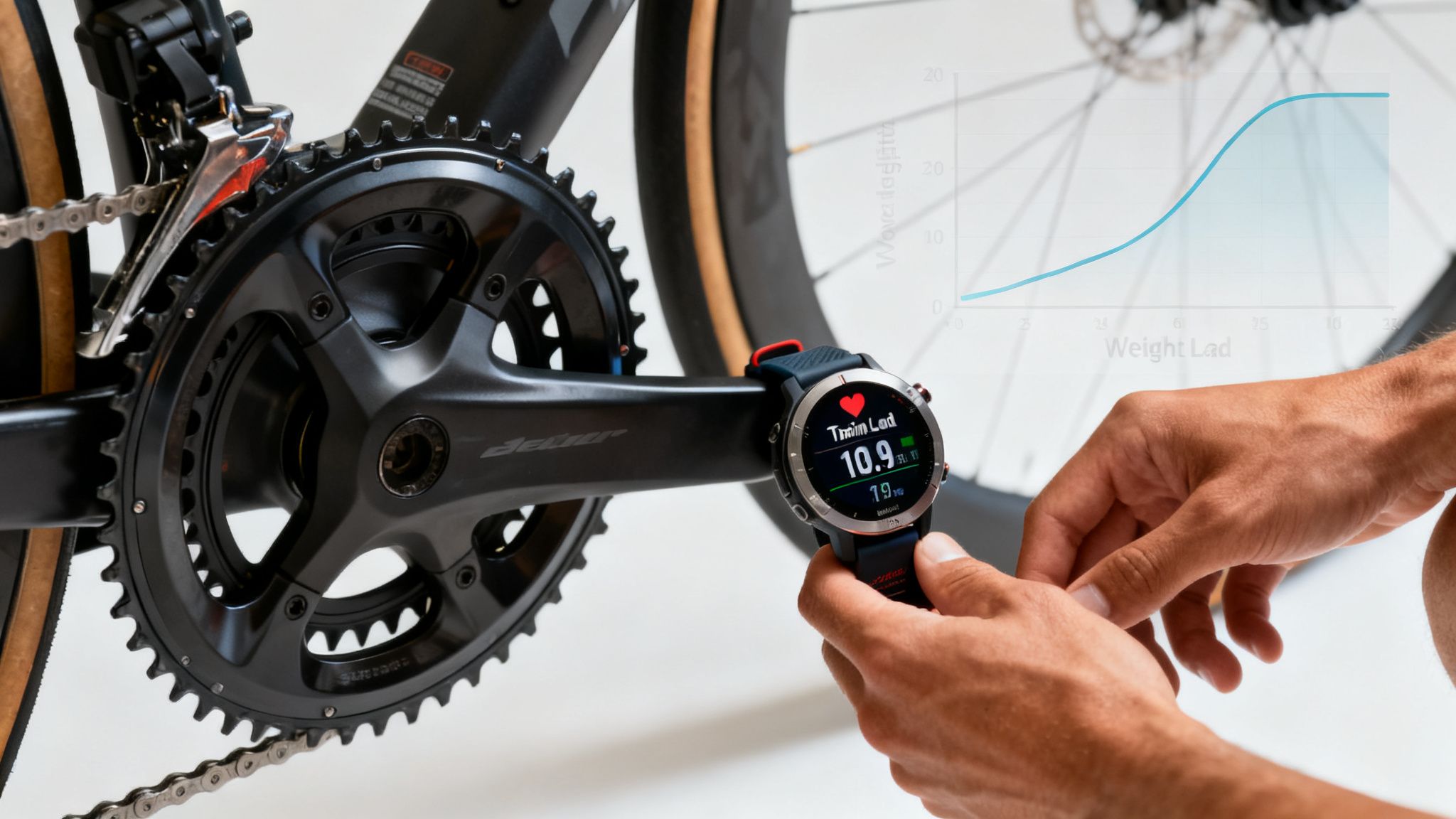 A person checks a fitness smartwatch displaying 'Train Load' next to a bicycle's crankset.