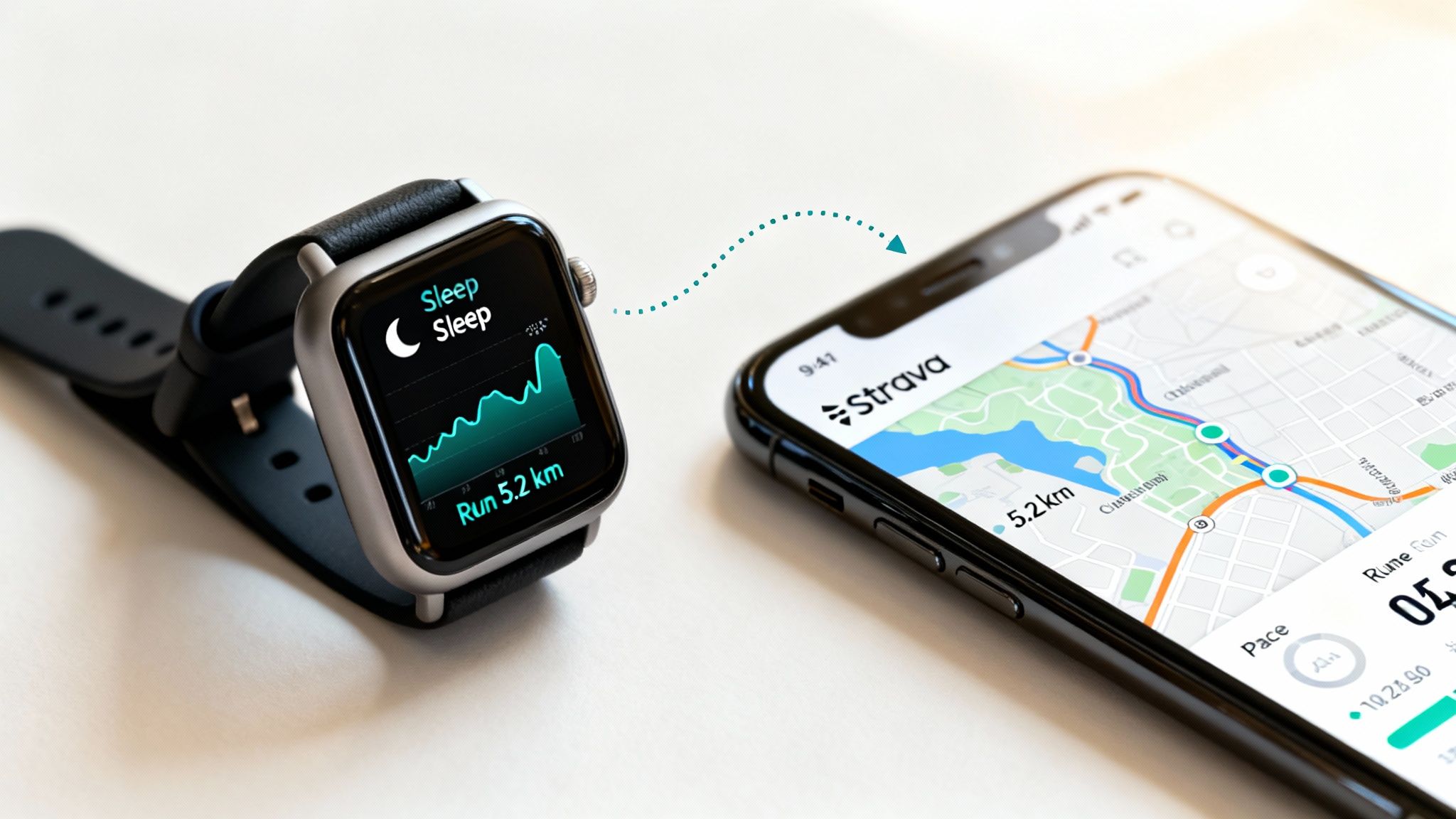 An Apple Watch displaying sleep and running data, syncing with an iPhone showing the Strava app.