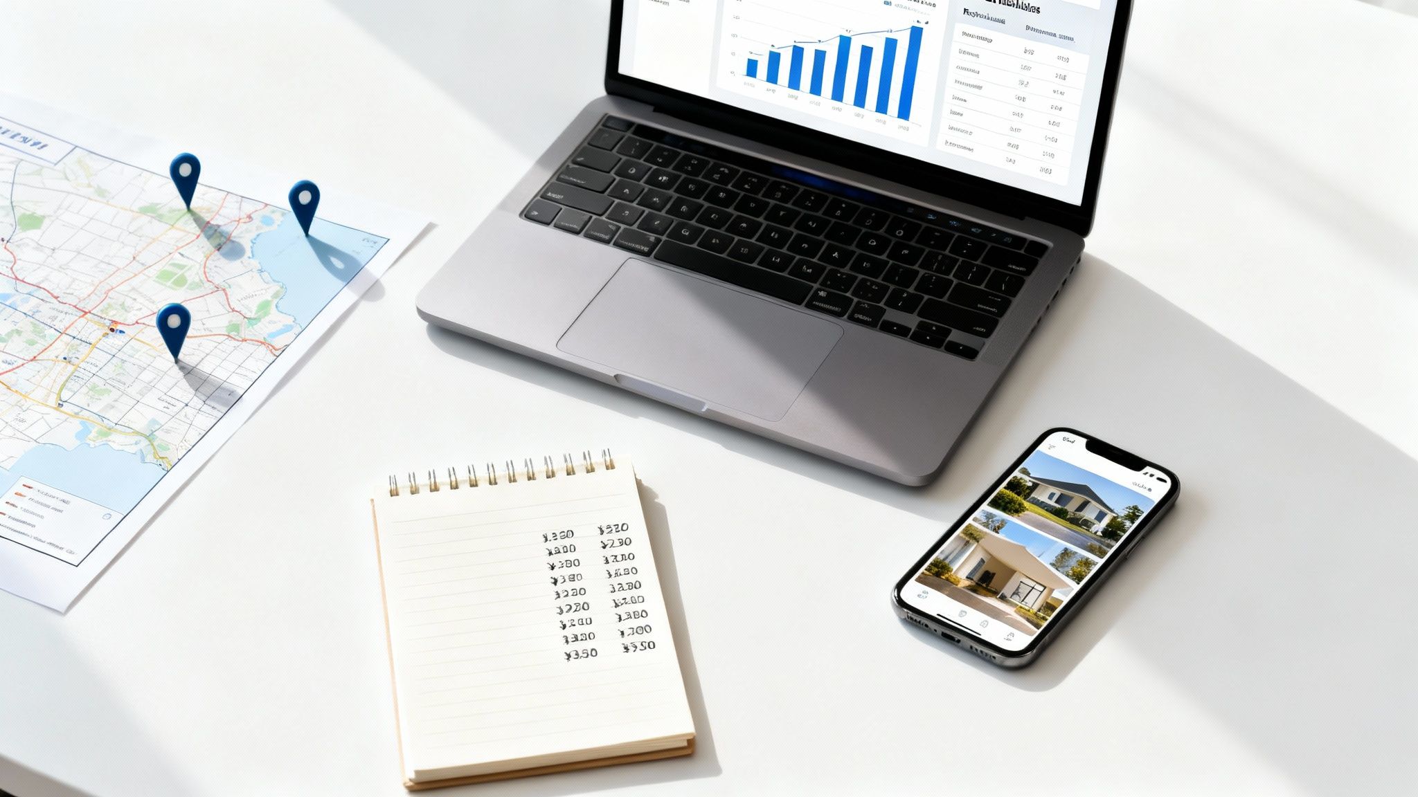 Desk setup with a laptop showing property data, a map with pins, a notebook, and a phone displaying houses.