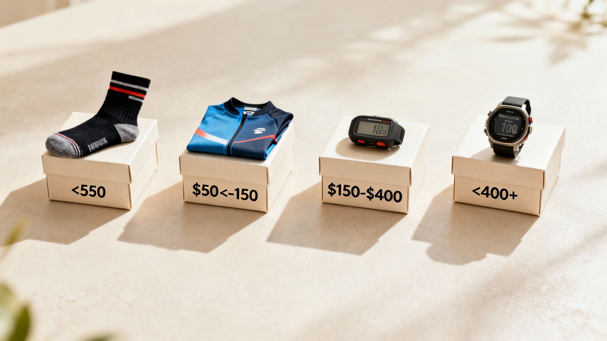 Various triathlon gear items, including socks, apparel, and watches, displayed with corresponding price points.