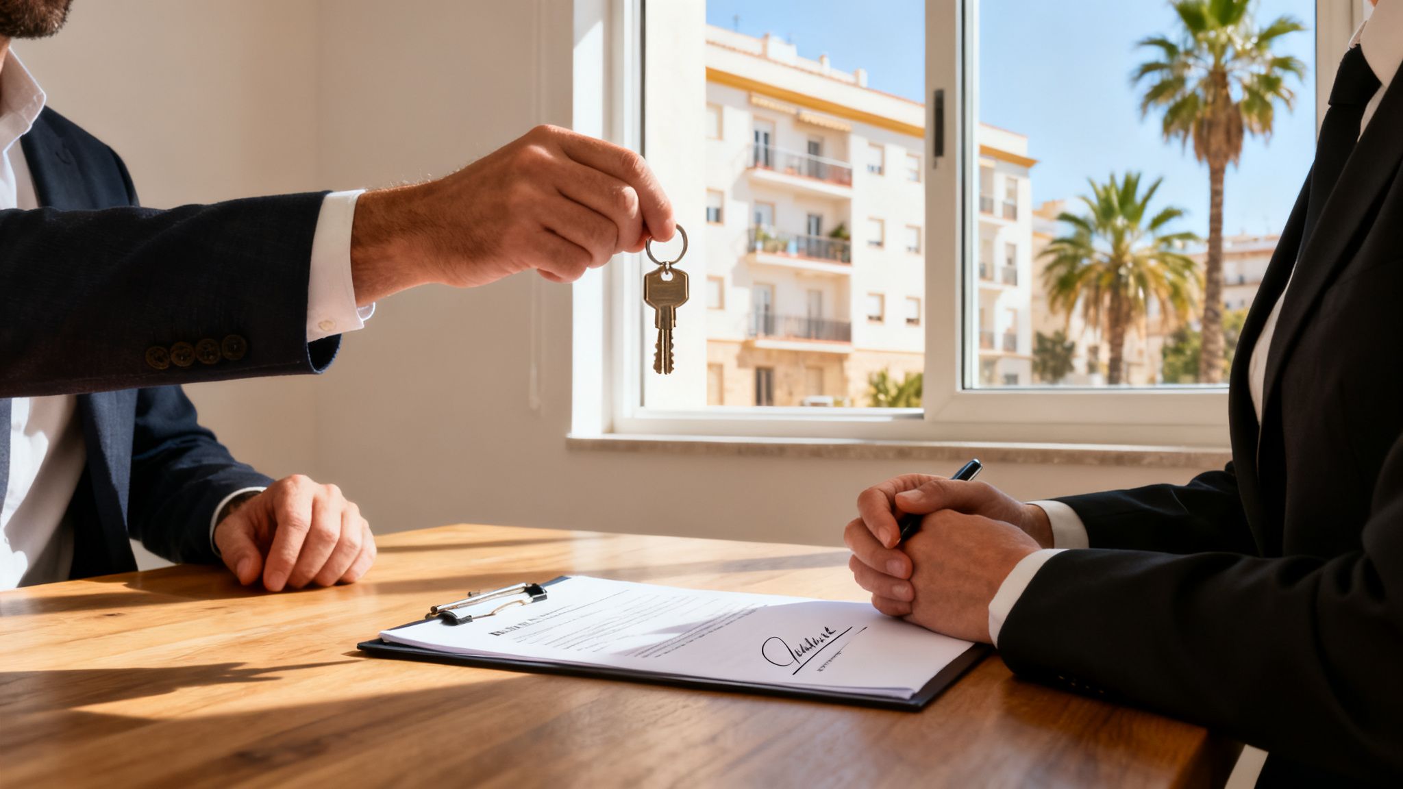 A man hands over house keys to another person during a property transaction indoors, with buildings and palm trees visible through a window.