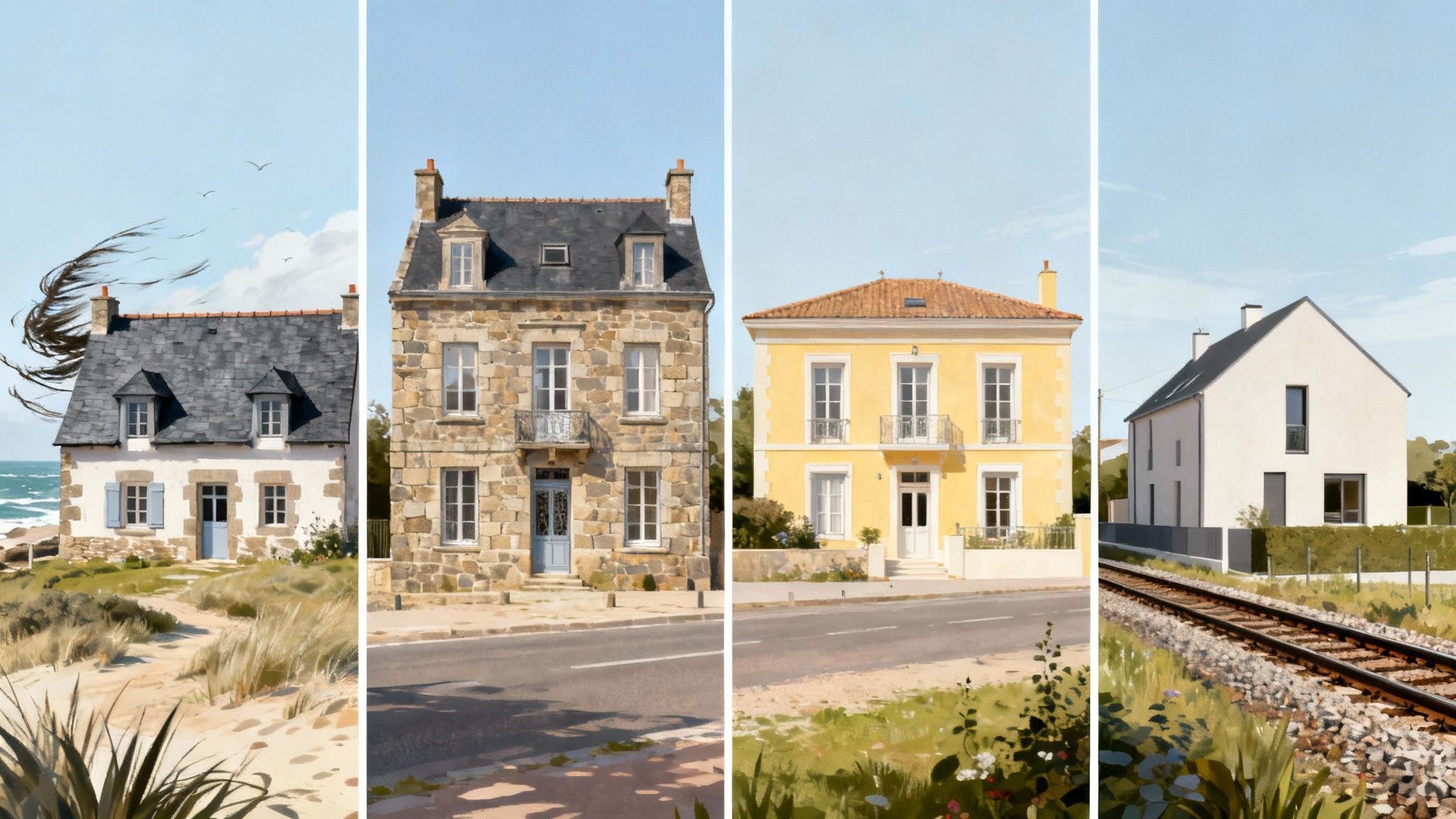 Four distinct European-style houses depicted in a painterly style, showcasing various architectural designs and landscapes.