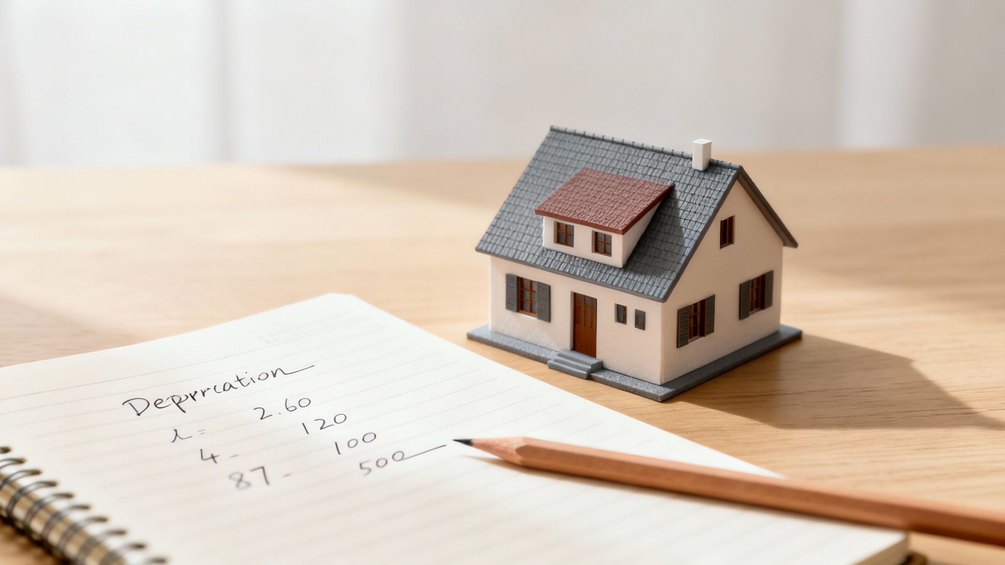 A miniature house model, notebook with 'Depreciation' written, and a pencil on a wooden desk.