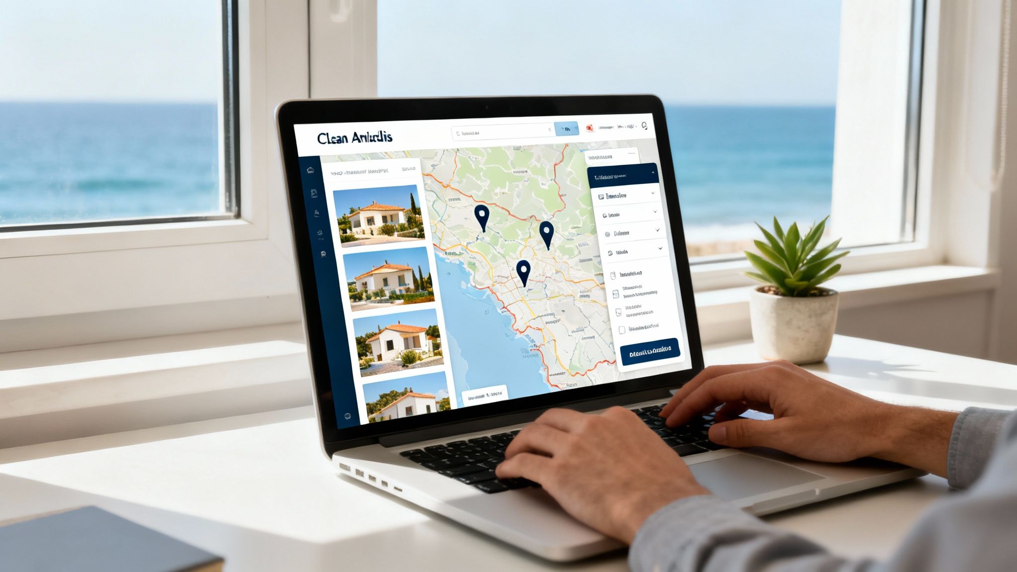 A person browsing real estate listings on a laptop with a map and house images, by a window overlooking the sea.