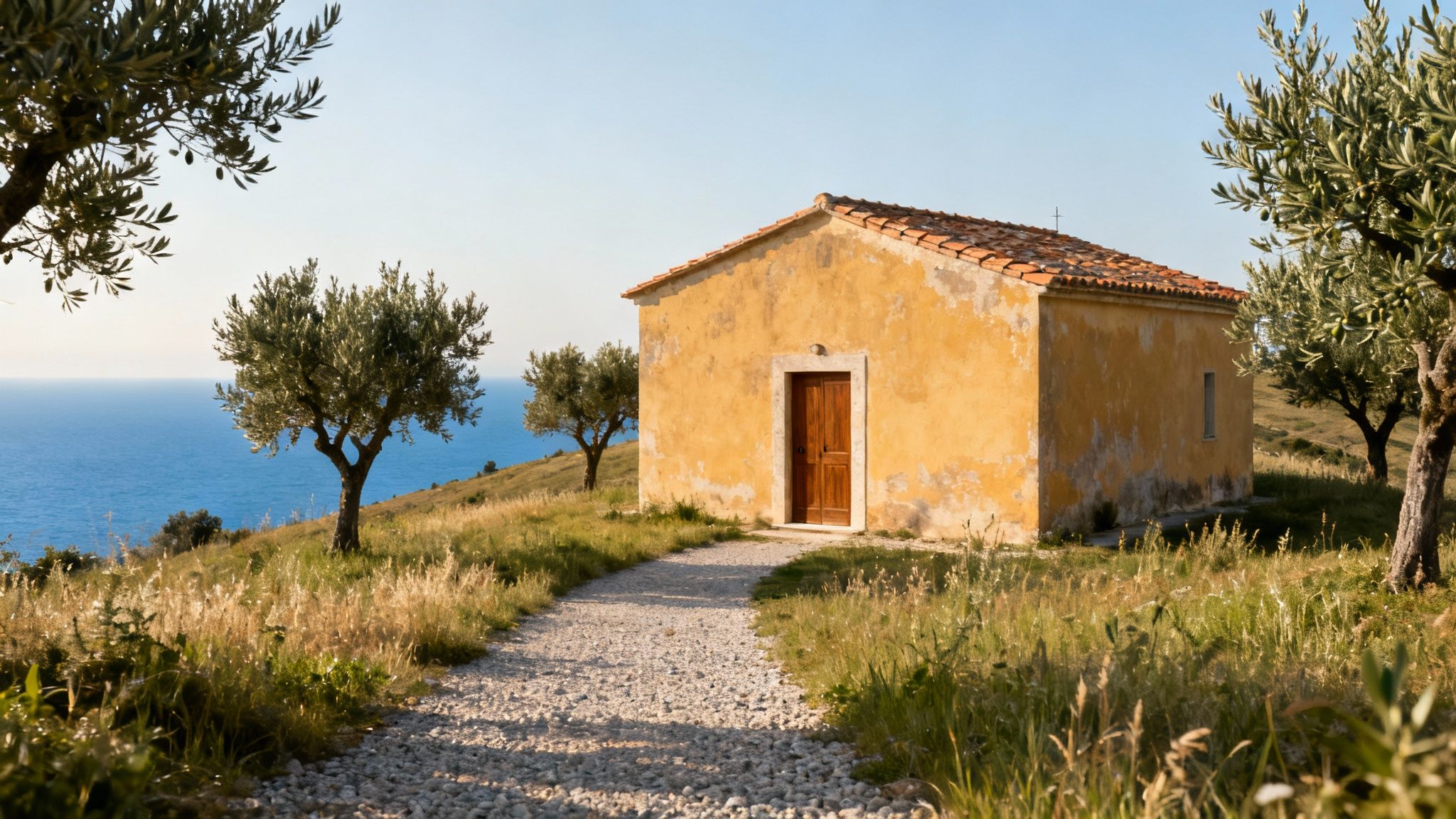 A picturesque Italian villa with a pool overlooking rolling green hills and a clear blue sky.