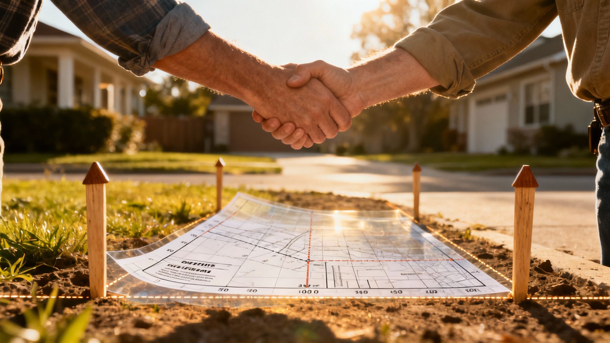 A gavel and a rolled-up property survey blueprint resting on a wooden desk.