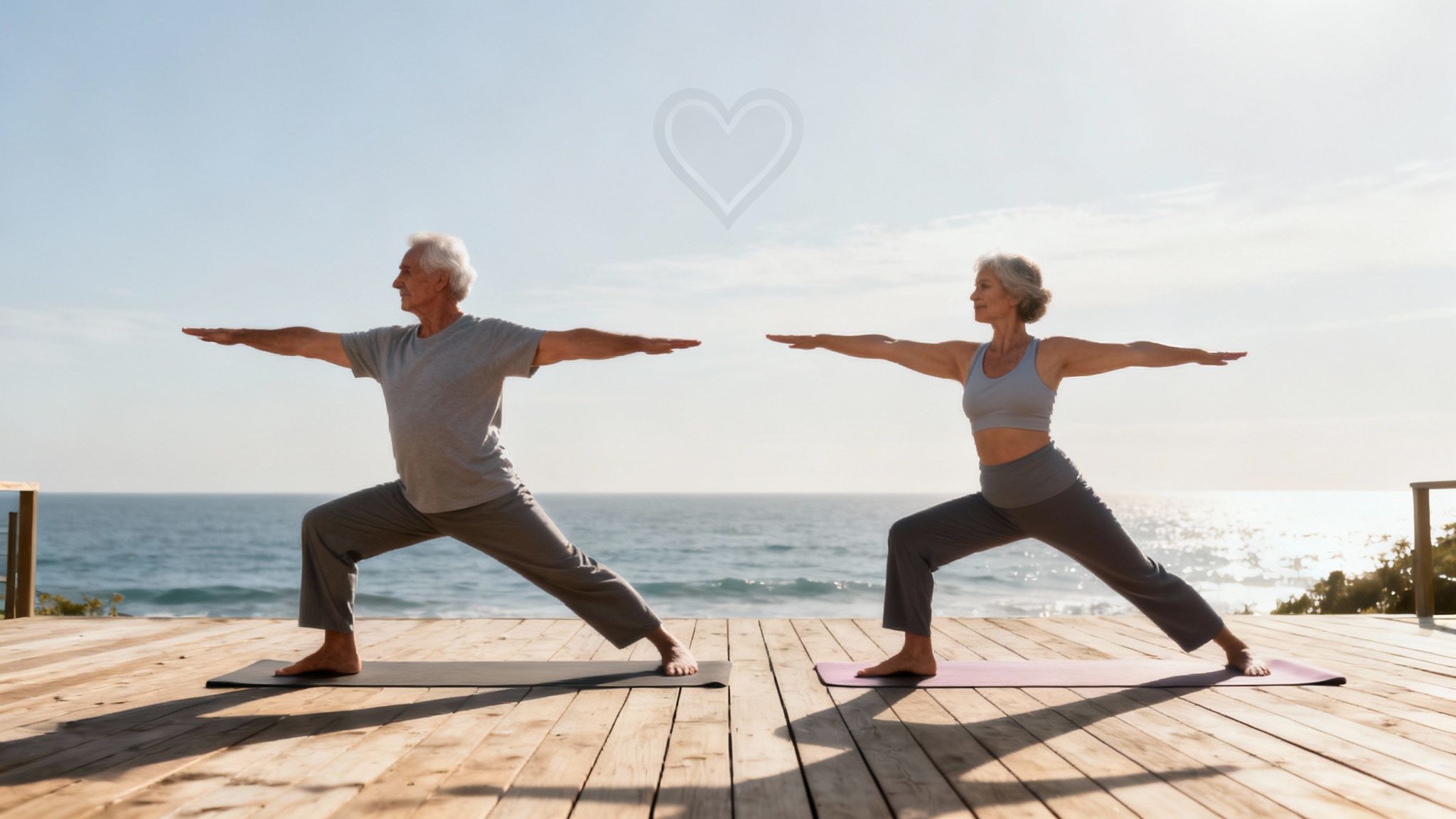 A serene outdoor yoga session with a diverse group of older adults in a lush, green park.