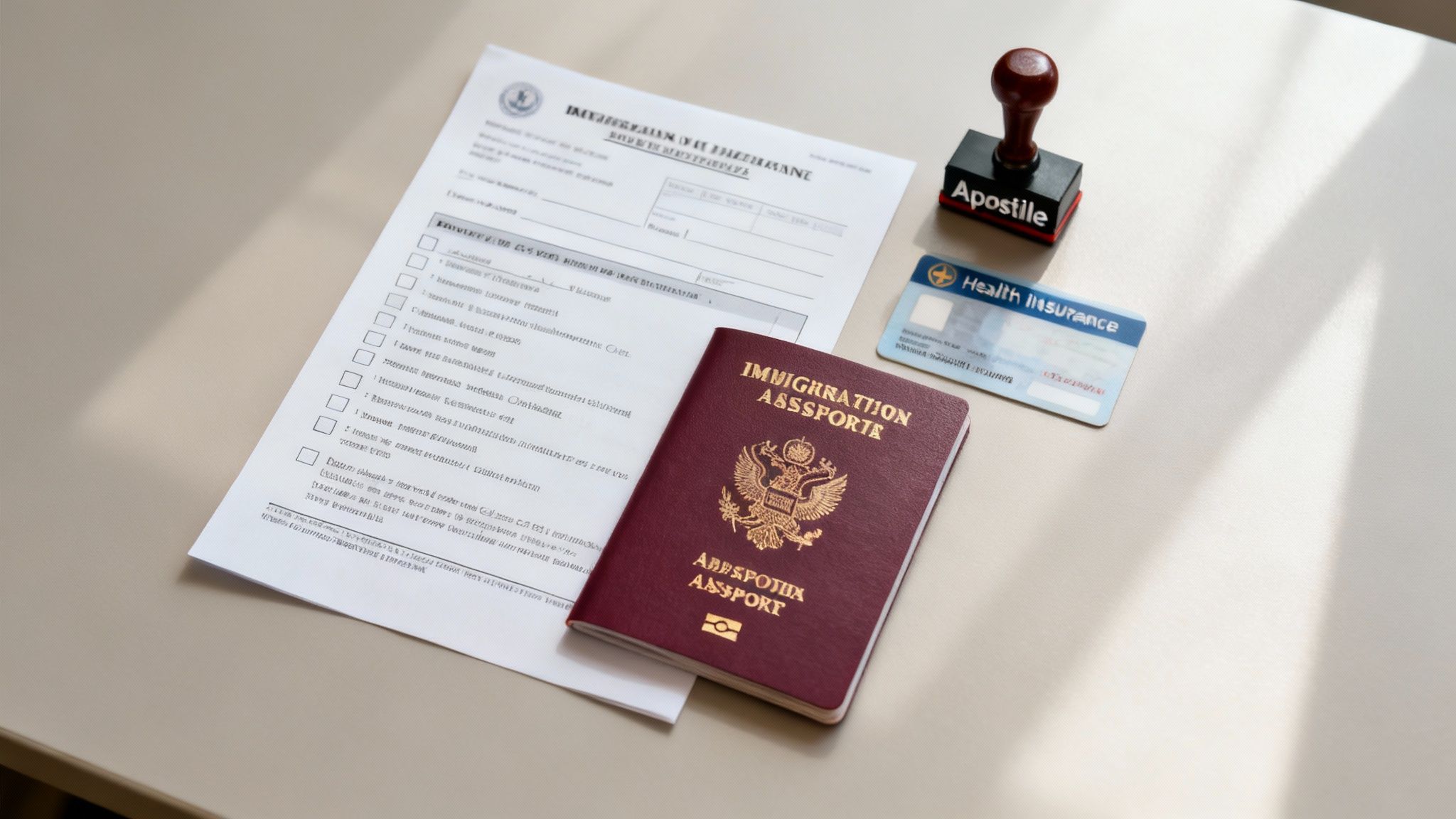 Immigration documents, including a form, passport, health insurance card, and an apostille stamp on a table.