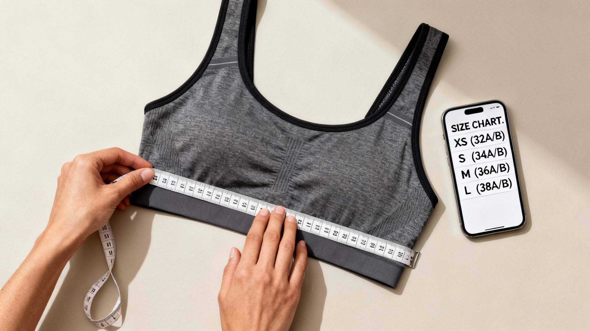 Person measuring a grey sports bra with a tape measure next to a phone showing a size chart.