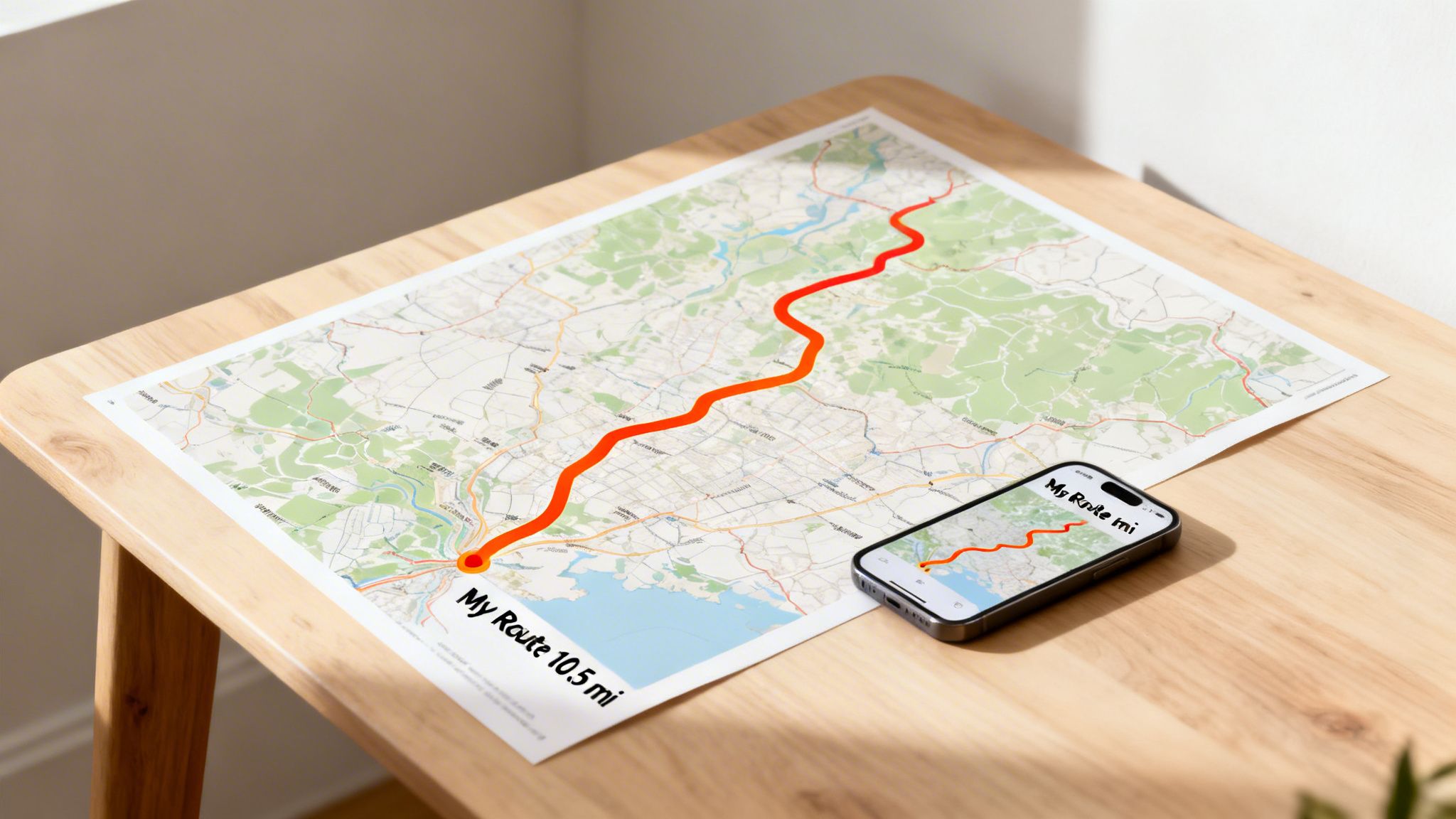 A personalized map displaying a red route of 10.5 miles on a table, with a smartphone showing the same route.