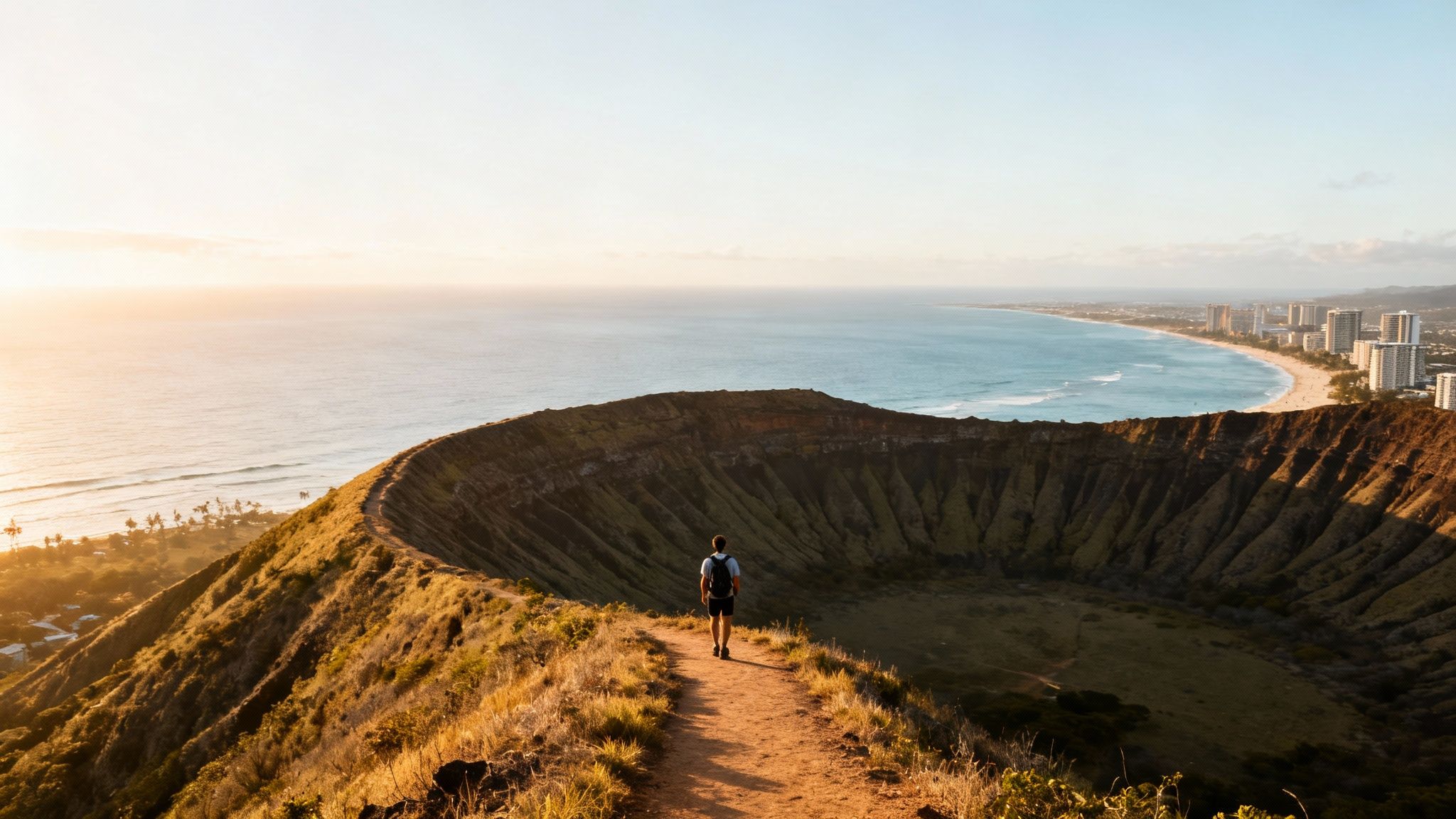 A hiker walks along a ridge overlooking a volcanic crater, ocean, and city at sunrise.