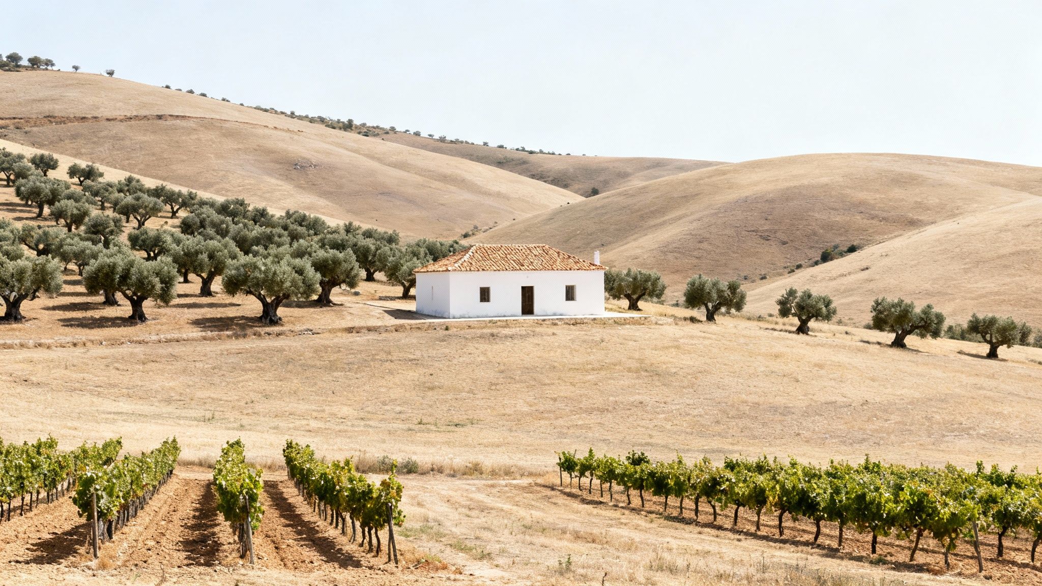 A white farmhouse with a terracotta roof, olive trees, and green vineyards on dry rolling hills.