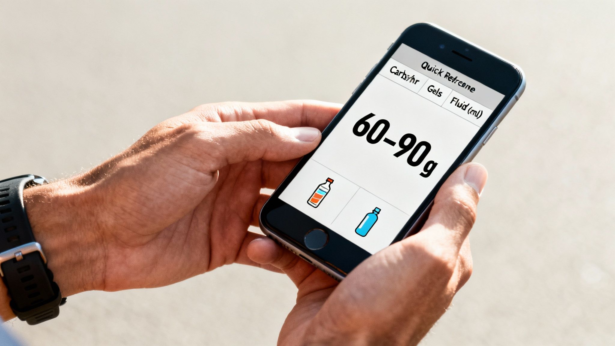 A person's hands hold a smartphone displaying a quick reference for sports nutrition, showing 60-90g carbs/hr.