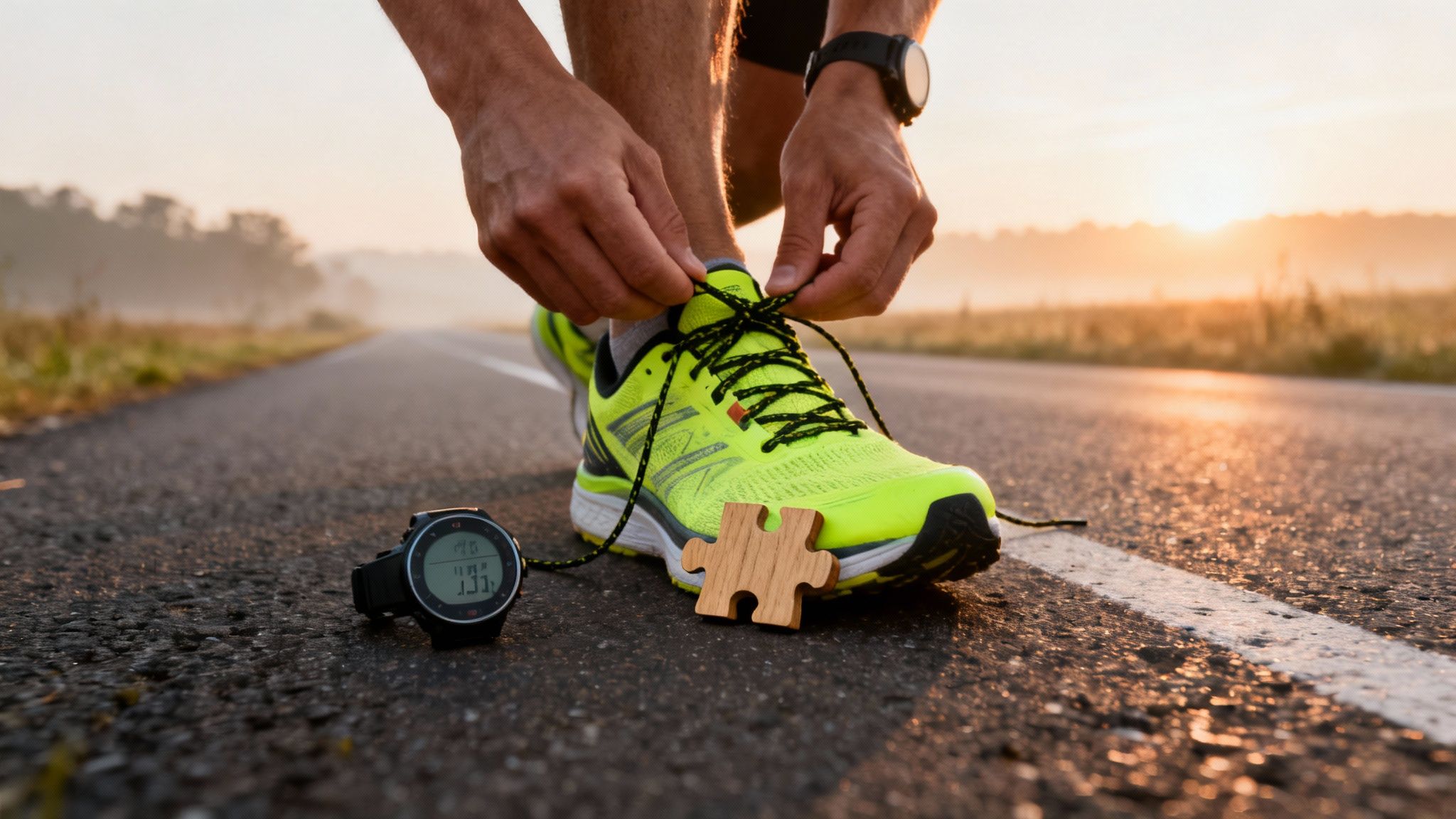 A person ties neon yellow running shoe laces on a road, with a GPS watch and puzzle piece.