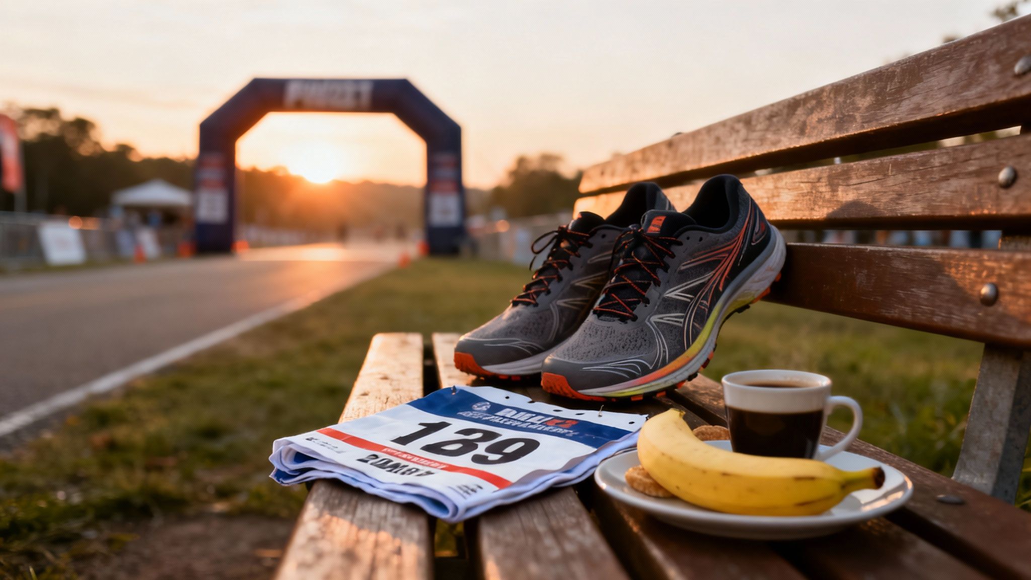Ready for a race: running shoes, bib, coffee, and banana on a bench at sunset.