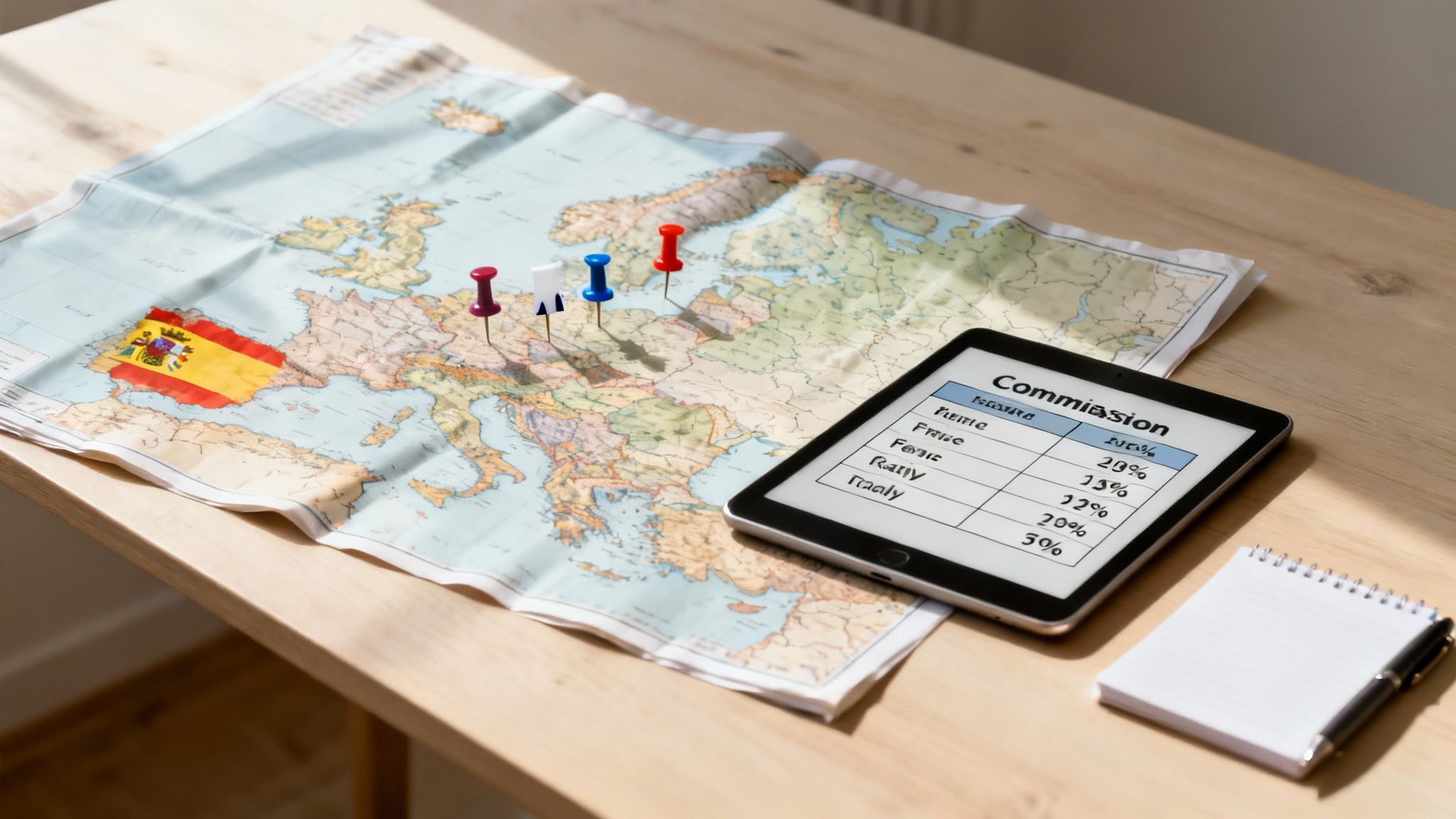 A map of Europe with pushpins and a tablet showing commission rates, along with a notepad.