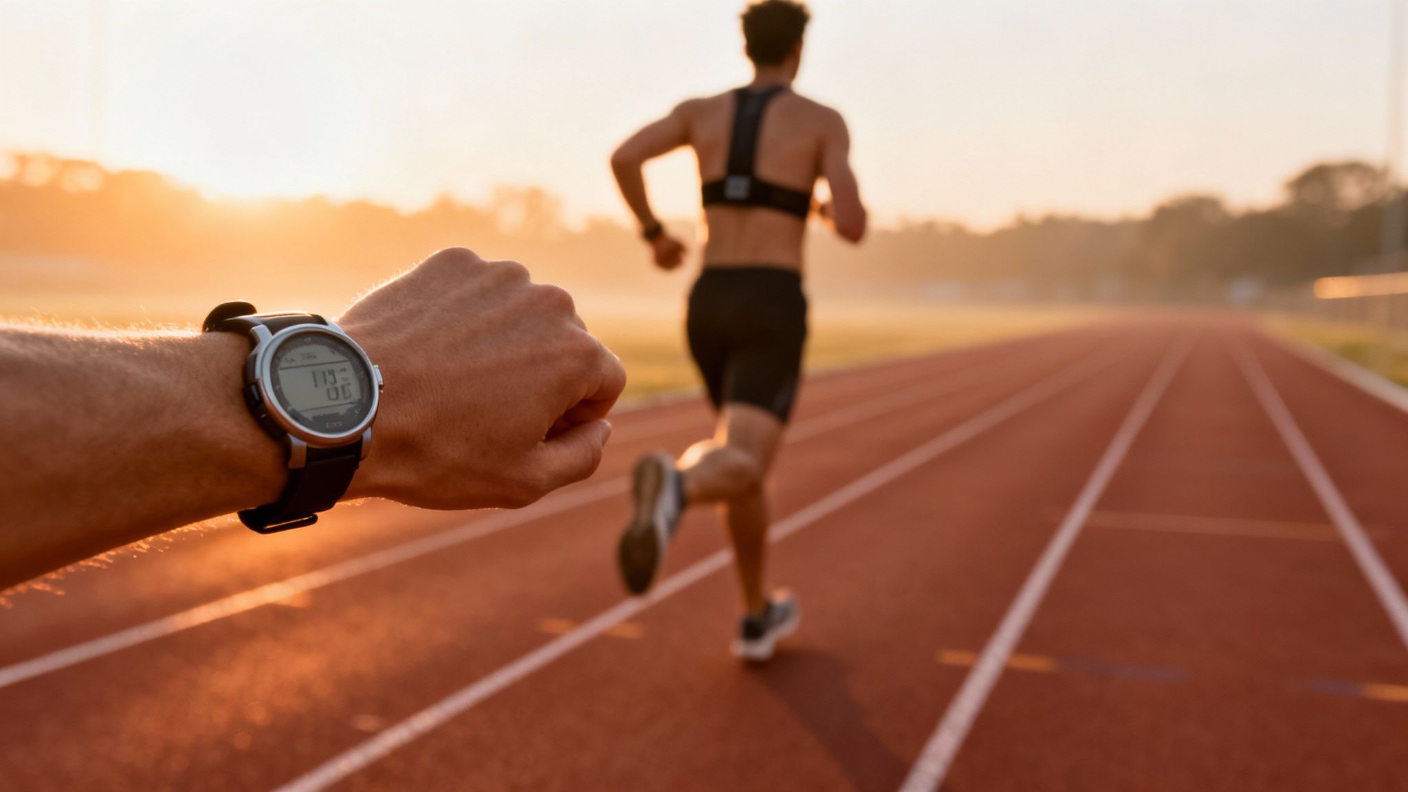 A runner's wrist with a sports watch displaying '1:13:06' time, with a blurry runner on a track.