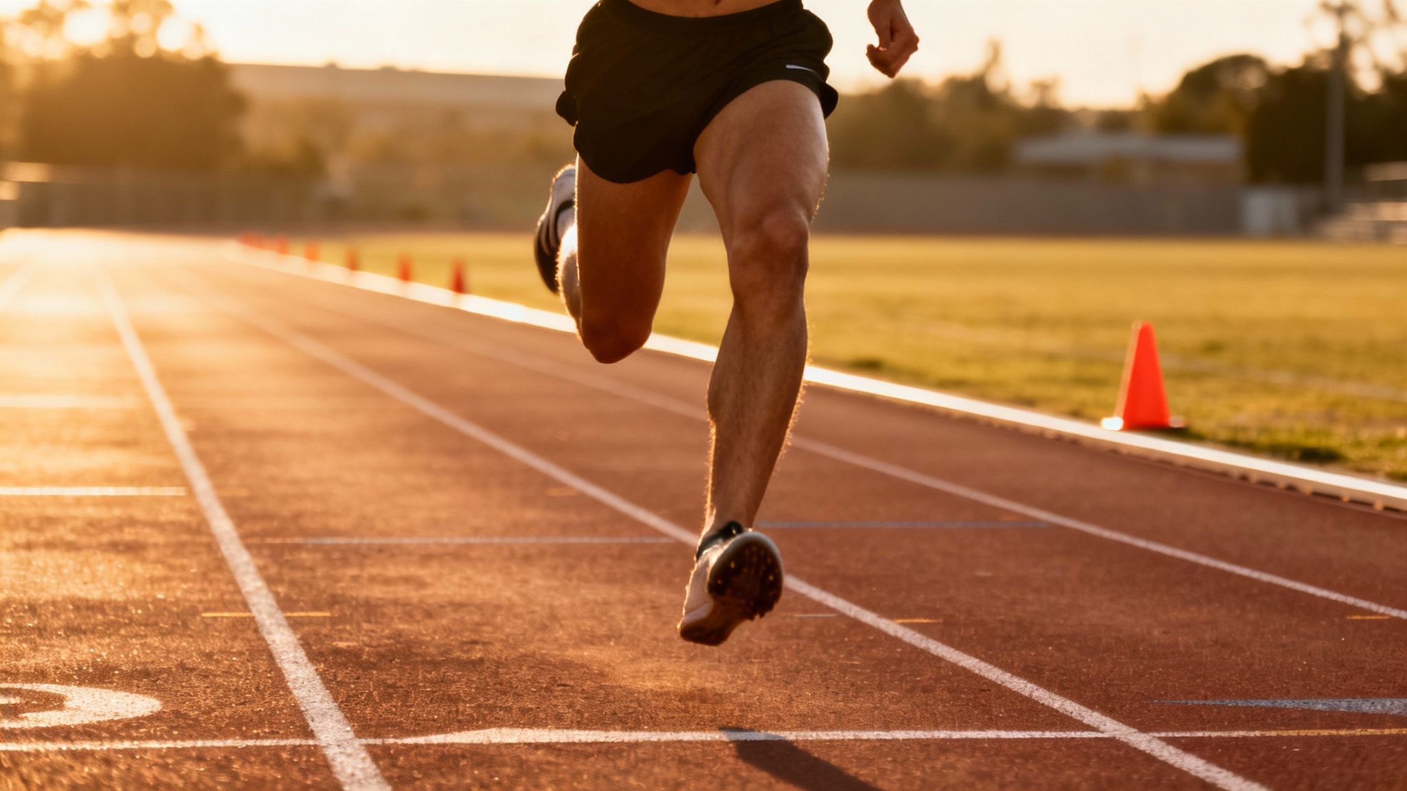 A runner's legs in motion on a track during a golden sunset, with track spikes visible.