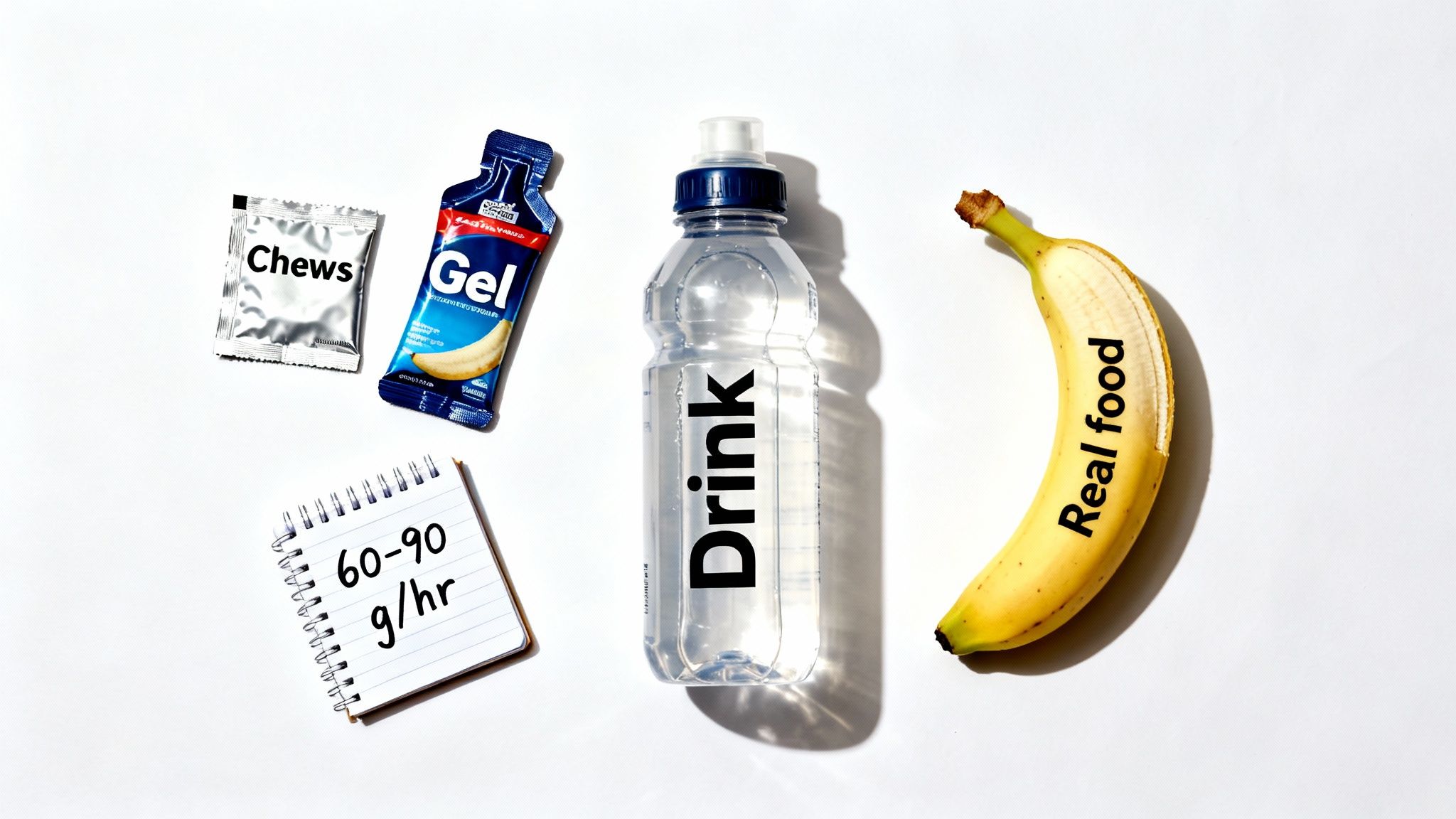 Various energy sources including chews, gel, drink, and a banana, with fueling guidelines for endurance.