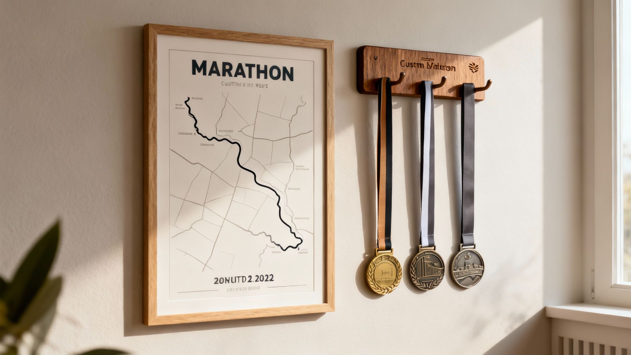 A framed marathon route map with custom details hangs beside a wooden medal rack with three medals.