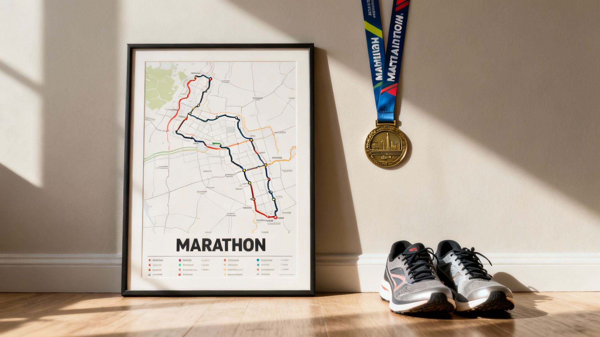 A framed marathon map, a gold medal, and running shoes displayed on a wooden floor.