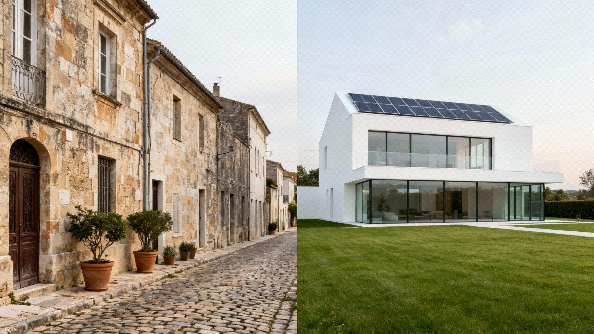 Split image contrasting an old cobblestone street with traditional stone houses and a modern white house with solar panels.