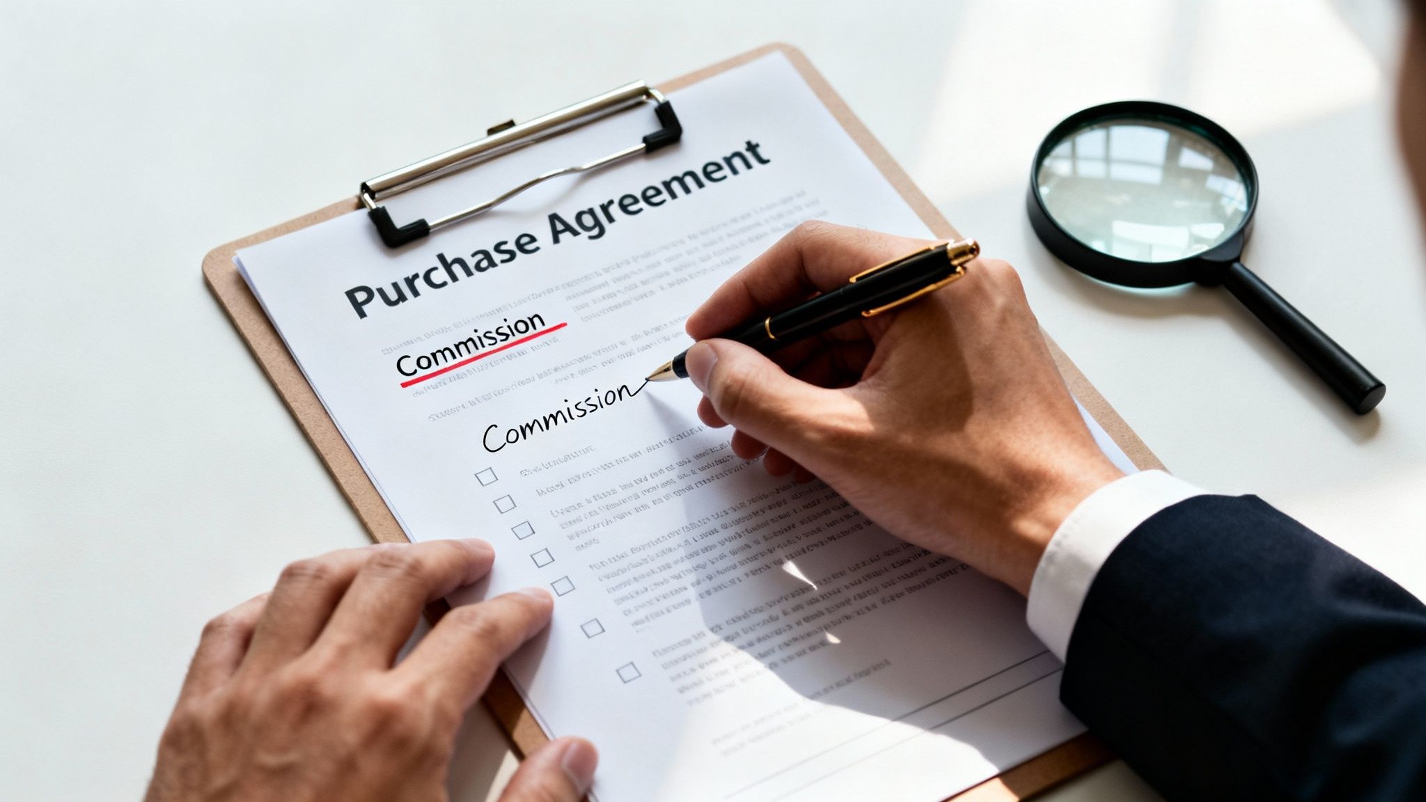 Person writing 'Commission' on a Purchase Agreement form, next to a magnifying glass.