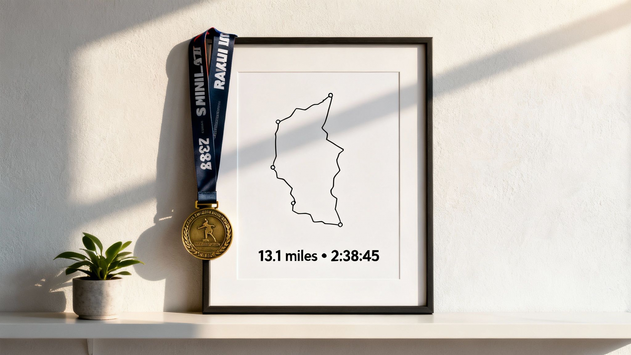 A half marathon medal hangs next to a framed print displaying a race map, distance, and finish time.