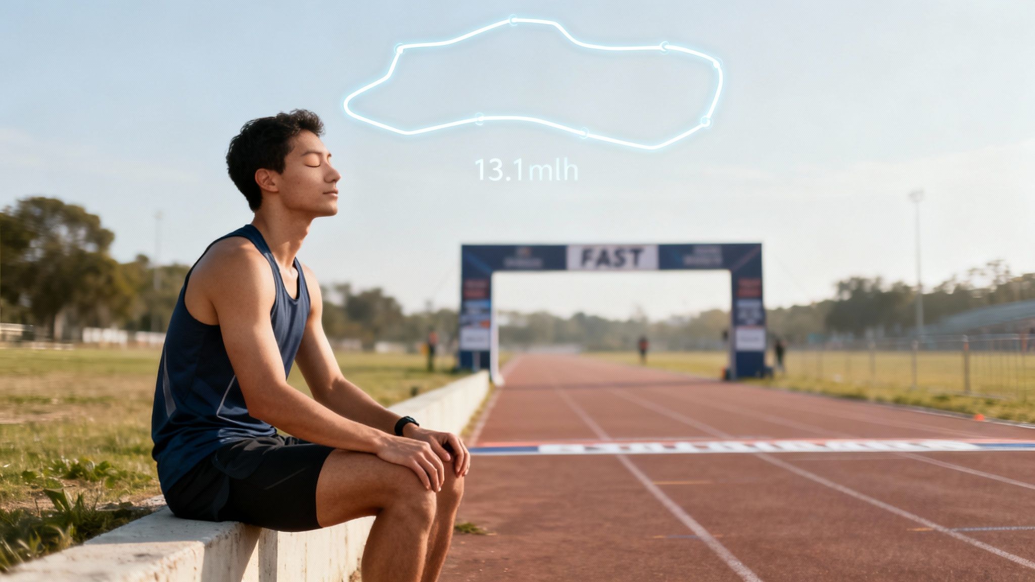 A tired runner sits by the finish line, with a holographic race map and speed data.